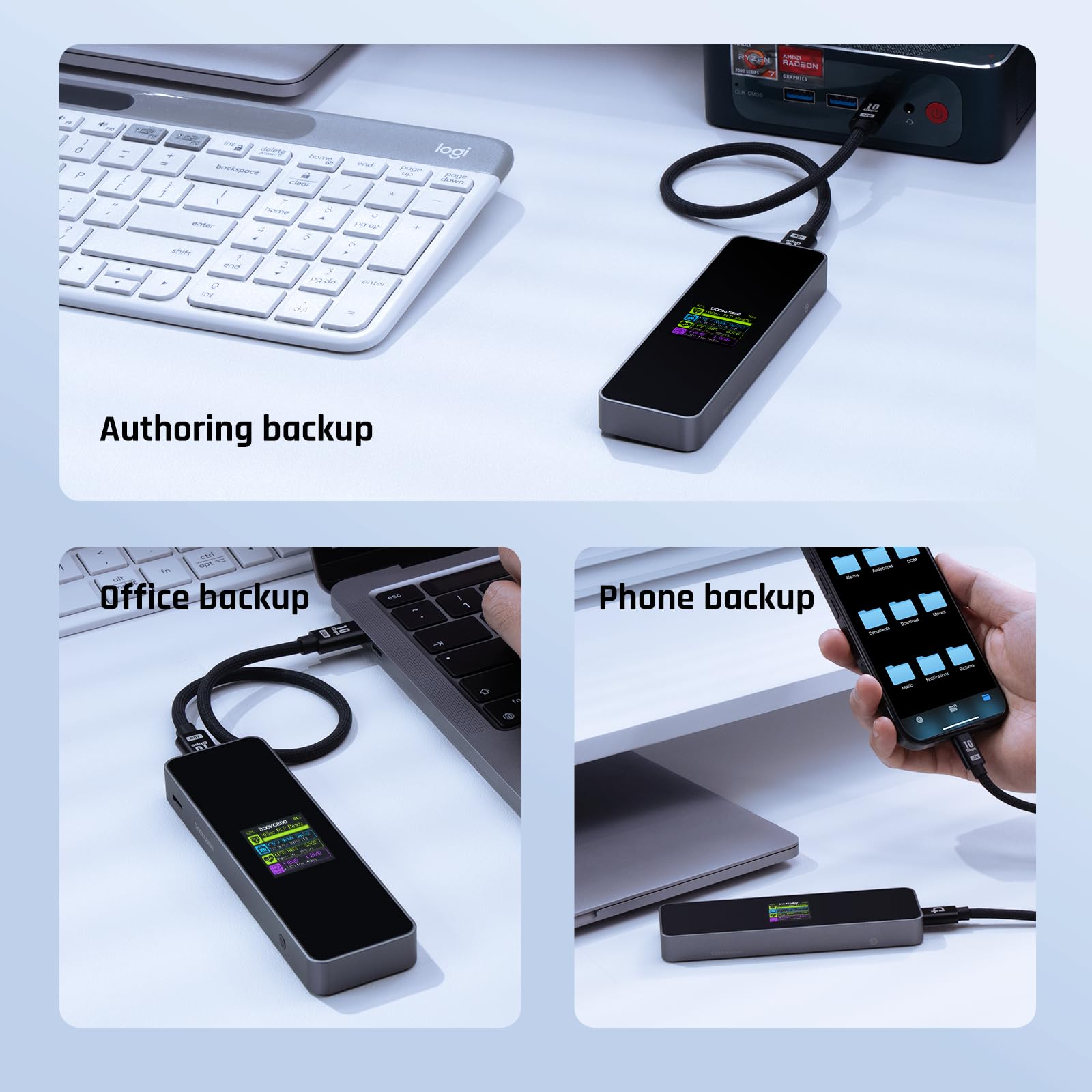DOCKCASE Smart Case SSD M2 Protezione di Alimentazione di 10s, Rilevamento della salute dell'SSD, Doppie Porte USB-C 3.2 Gen 2 (10Gbps) NVMe Case Supporta NVMe SSD fino a 4TB