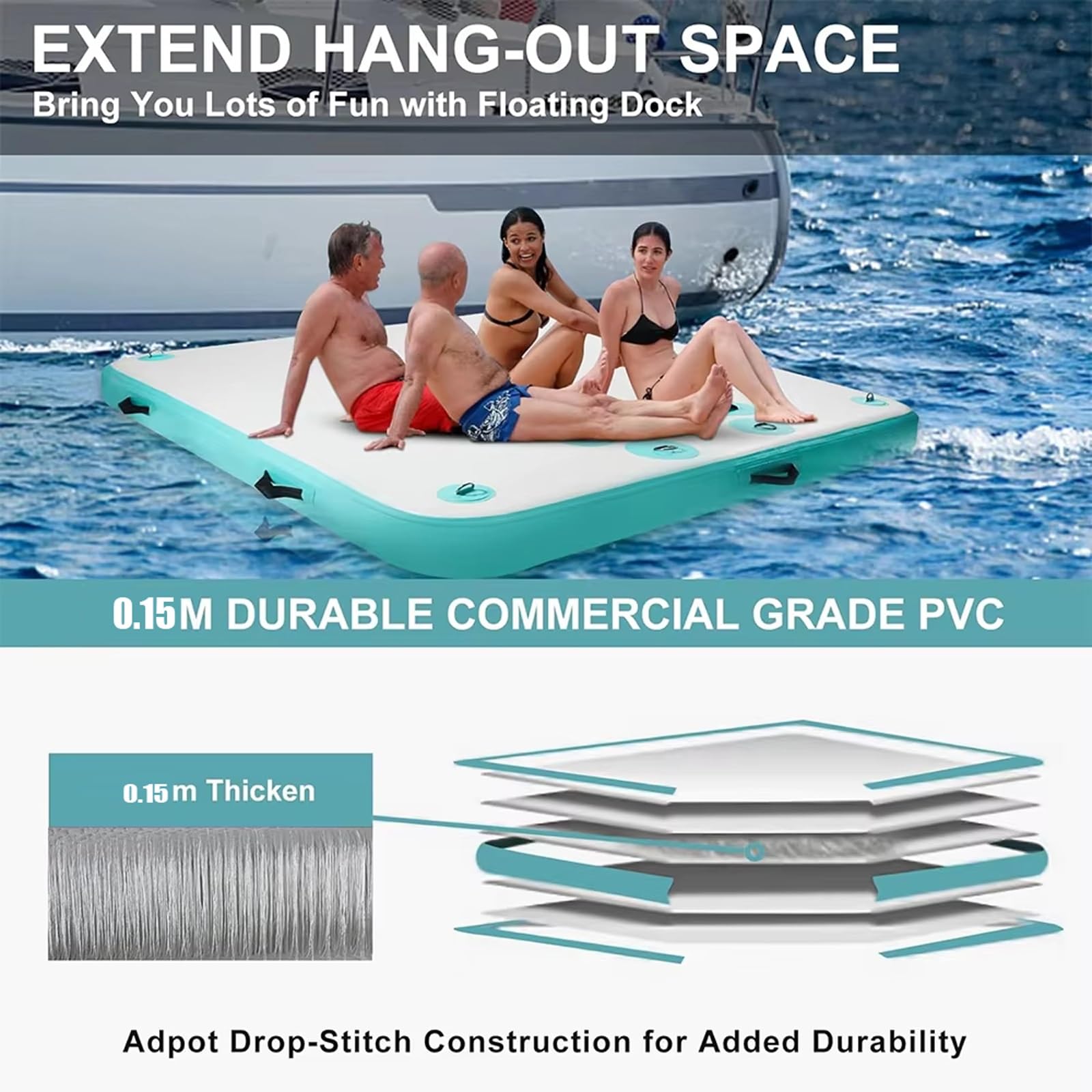 Aufblasbares Schwimmdock mit Seilleiter, rutschfeste Wassermatte für Pool See Meer, inklusive Luftpumpe, Reparaturset, Tragetasche
