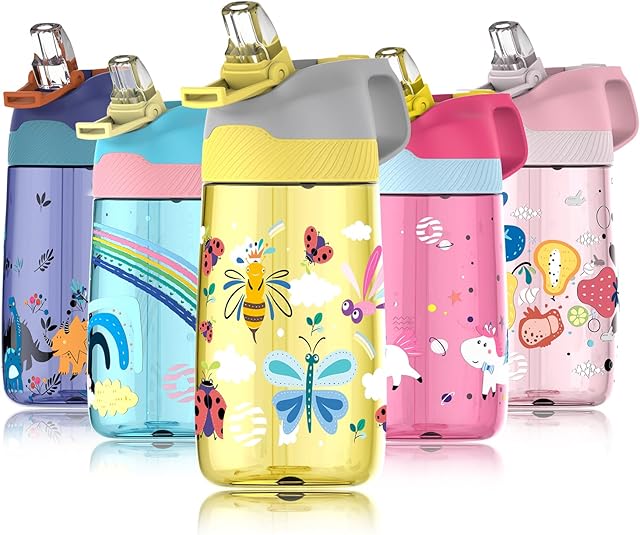 FJbottle Kids Water Bottle with Straw, BPA Free Leak Proof 450ml Drinking Bottle, Eco Friendly Tritan Sports Water Bottle for Kids, One Click Flip Lid