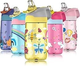 Fjbottle Trinkflasche Kinder Flasche mit Strohhalm 450ml aus Tritan Plastik - 1-Klick-Öffnung - Auslaufsichere BPA FREI Leicht Wasserflasche Kinderflasche in Schule/Kindergarten