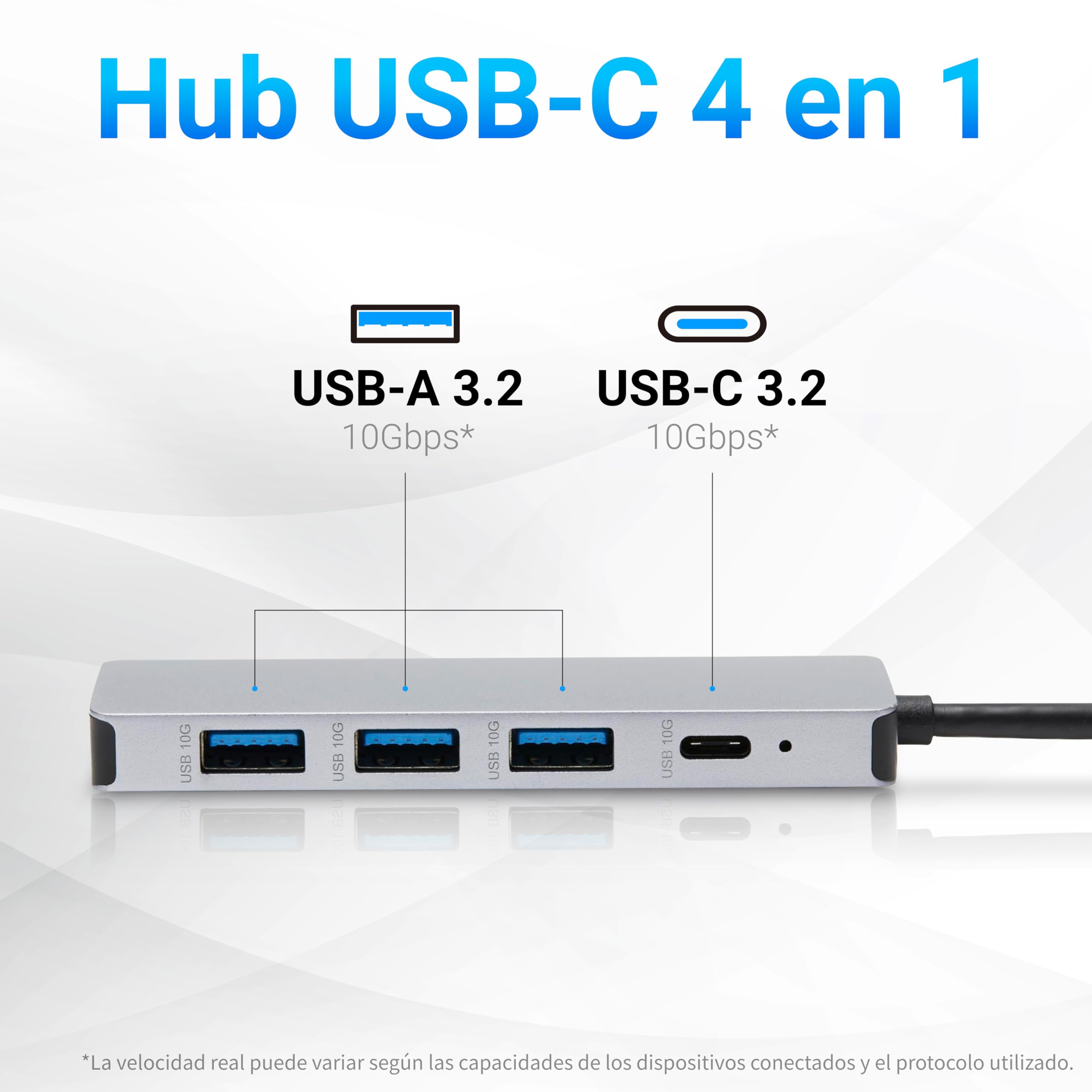 Amazon Basics Hub Dock de USB 3.2/3.1, 2.ª Gen., 10 GB/s, USB C a 1 USB C / 3 USB A, Compatible con Windows/Mac, Plata, Negro