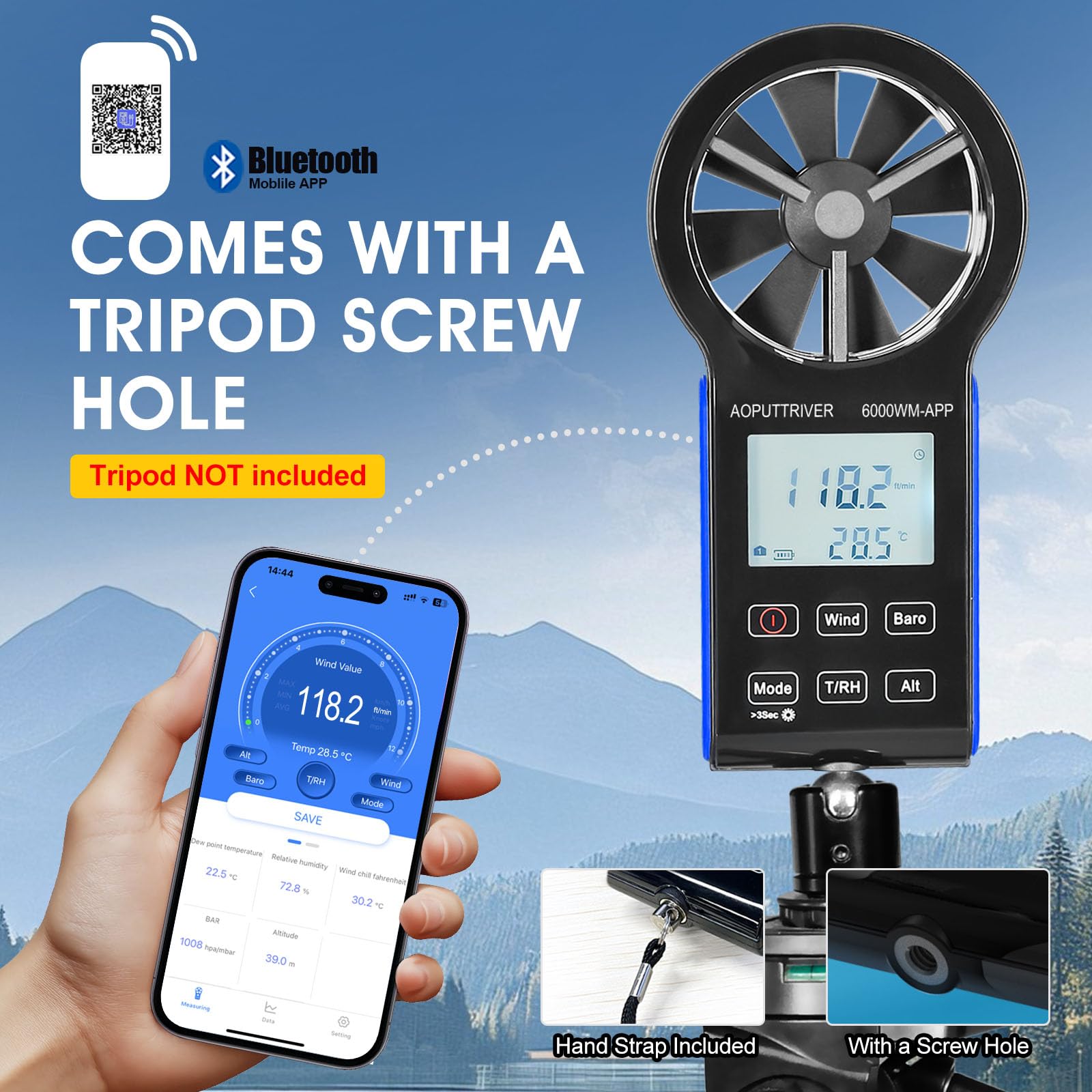 6000WM-APP - Anemometro digitale portatile, anemometro CFM, con temperatura (°C/°F), 5 unità, velocità del vento, volume d'aria e misurazione della temperatura per HVAC, Marine