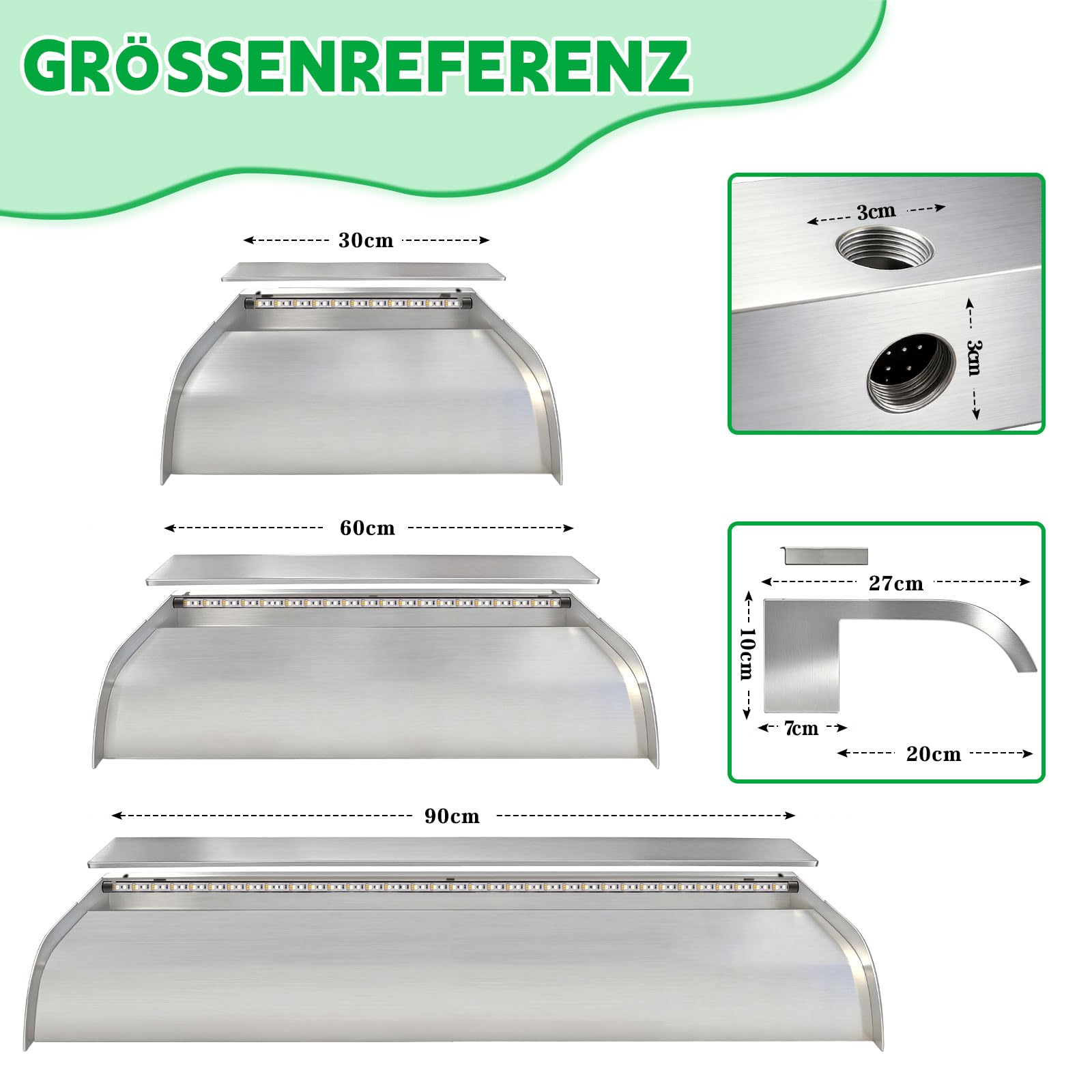 LONGRUN 90cm Gebogener Teich-Wasserfall aus Edelstahl 304 mit RGB LED-Leiste & Bluetooth-App-Steuerung, Garten-Wasserfall für Teich, Pool und Schwimmbad