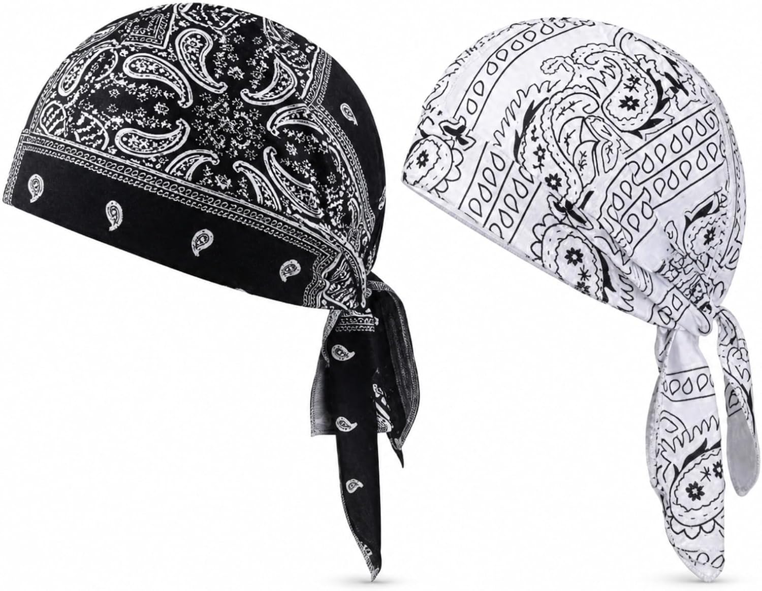 2 Pack Paisley Cooling Headband Cap Set Cooling-Style Bandana Skull for Men, Black White Adjustable Tie Back Helmet Liner for Motorcycle Outdoor