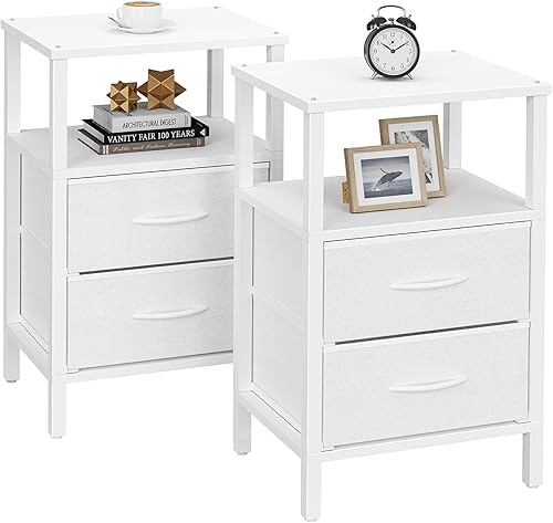 Miniatura 17 de TUTOTAK Mesa auxiliar con estación de carga, mesa auxiliar con 2 puertos USB y tomacorrientes, mesita de noche con cajón de tela, juego de 2, mesa