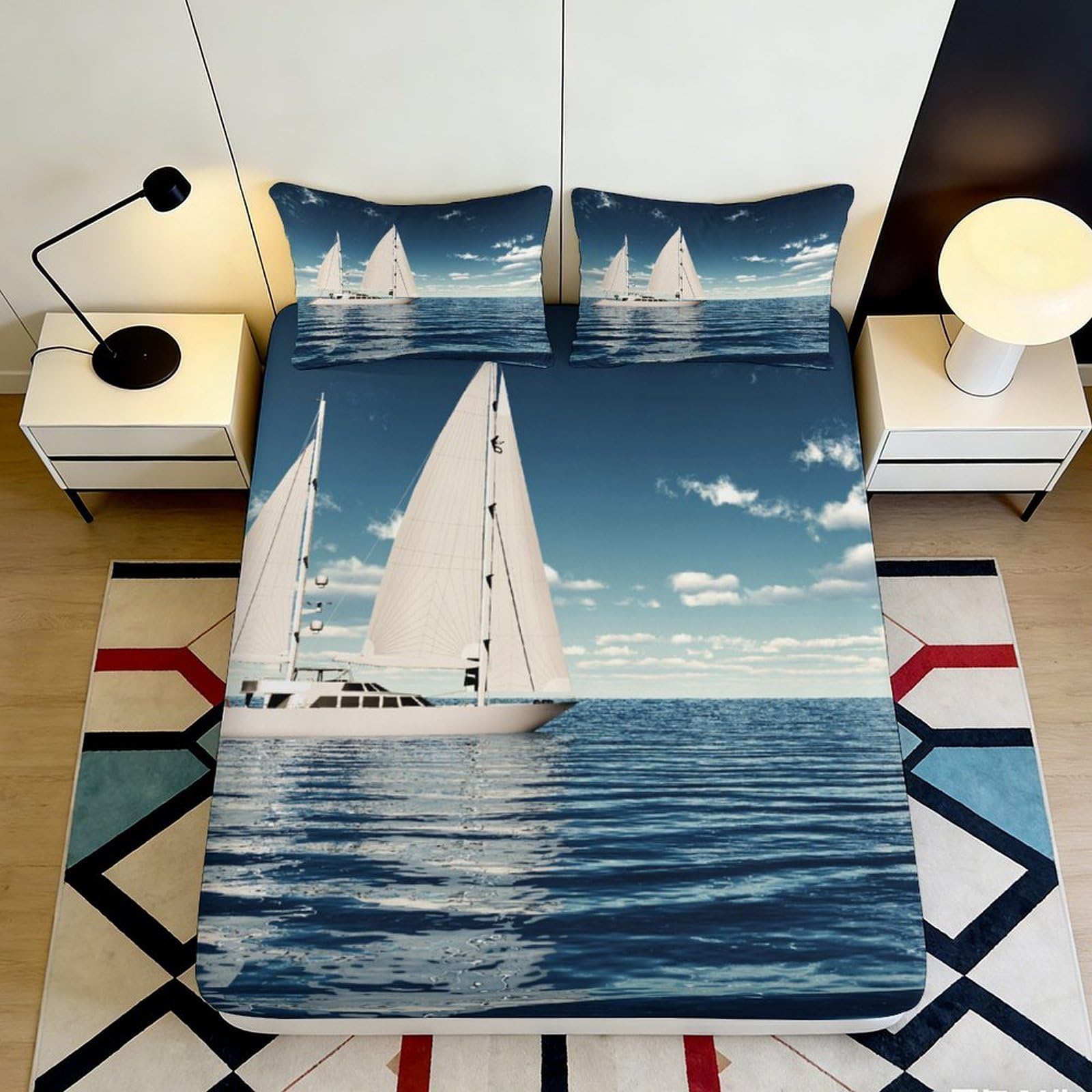 3D Printed Sailing Yacht Ocean Fitted Sheet Microfiber Blue Nautical Sea Mattress Cover for Bedroom Guest Room Decor 200x200x25cm