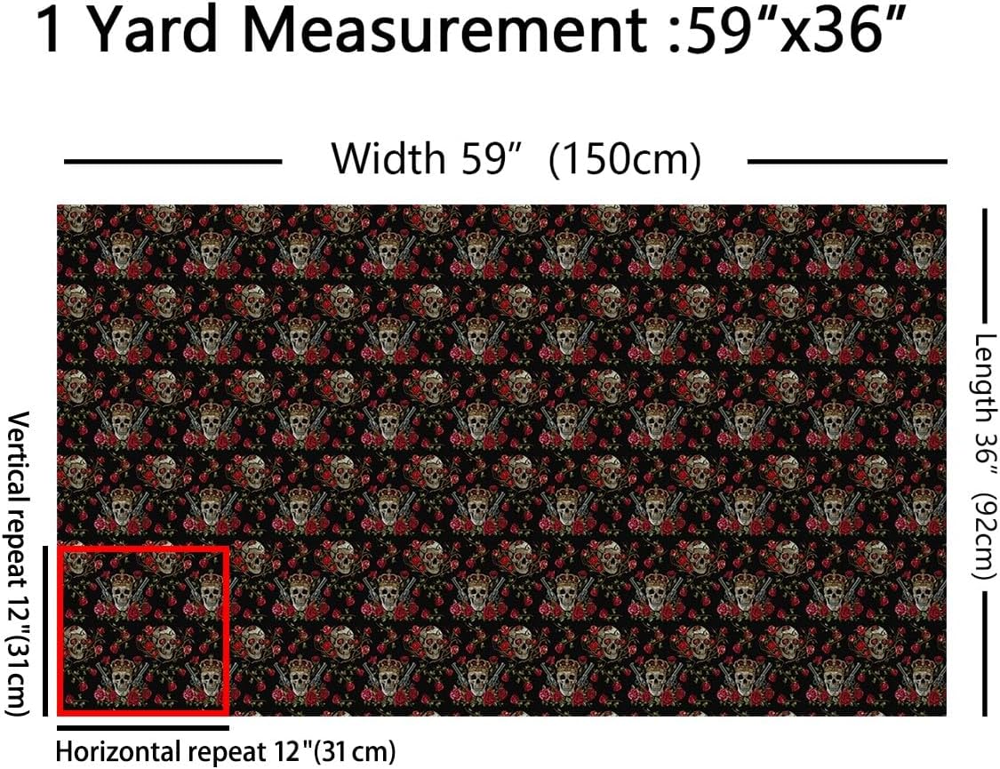 Feelyou Queen Skull Fabric by The Yard - Luxury Crown Rose Floral Upholstery, Romantic Flowers Skeleton Outdoor, Embroidery Style Reupholstery for Chairs, 2 Yards, Red Black