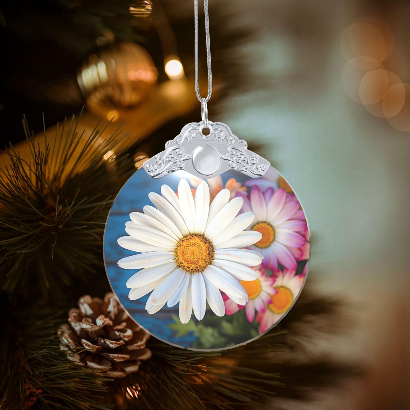Crystal Christmas Ornaments for Christmas Tree Decoration Hanging Barberton Daisy Ornament with Gold Ribbon Crafts Round Pendant for Keepsake Gifts Glass Xmas Decor Party Supplies