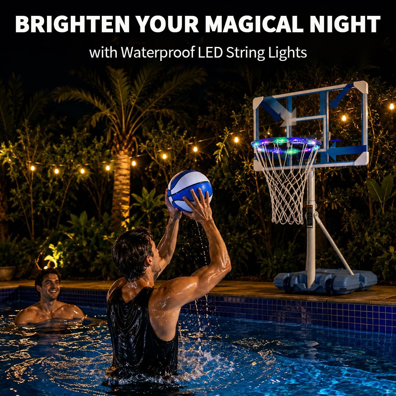 Pool Basketball Hoop Poolside,Portable Height Adjustable Basketball Goal with Wheels & Rust-Proof Coating LED Lighted Rim,2 Basketballs and Pump,Great for Pool,Garage,Indoor & Outdoor Court