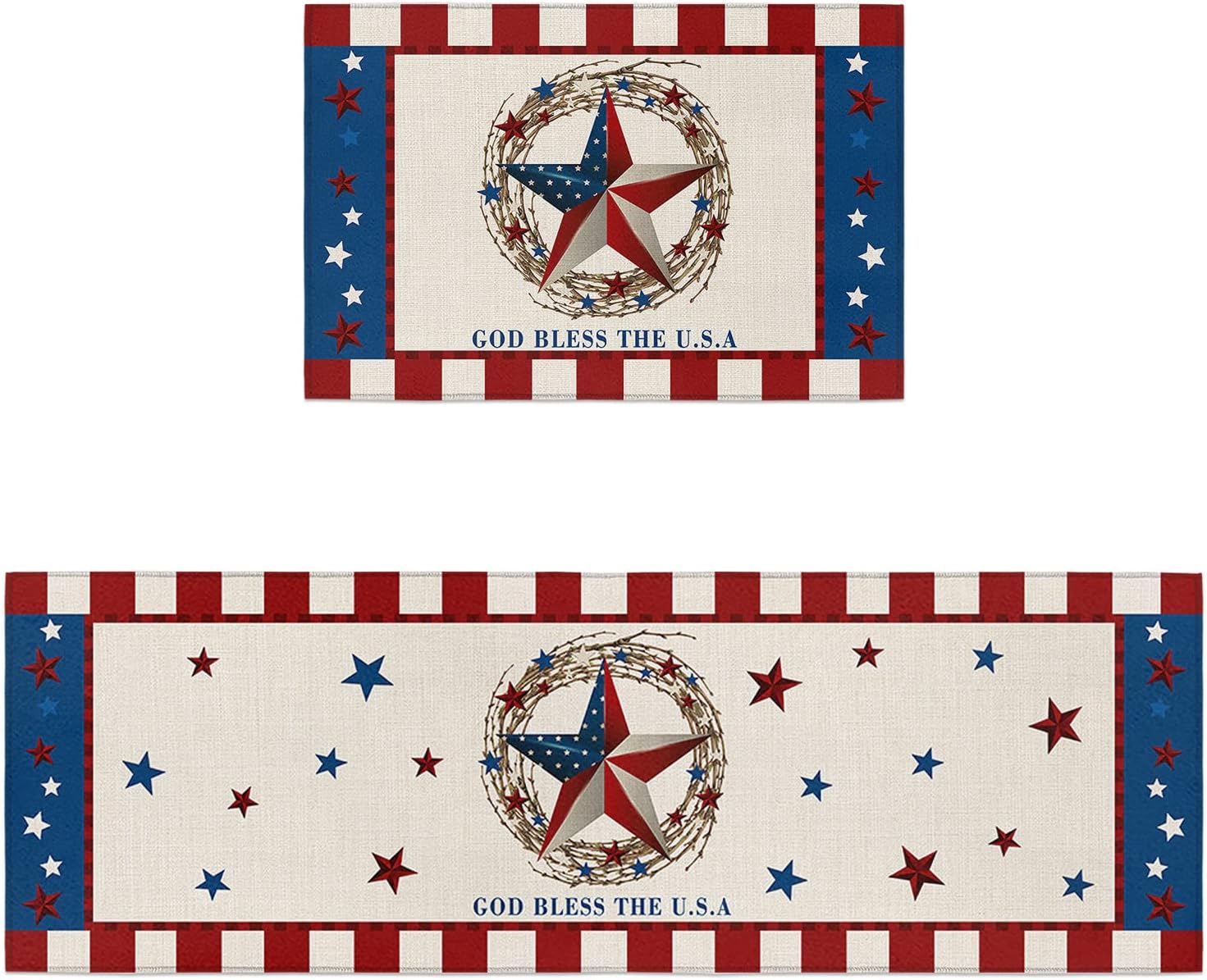 Teamery Kitchen Mats for Floor Independence Day Texas USA Flag Western Star Red Plaid Patriotic Washable Non Slip Kitchen Rugs 2PCS, Pentagram Check Linen Absorbent Standing Mats for Sink Office