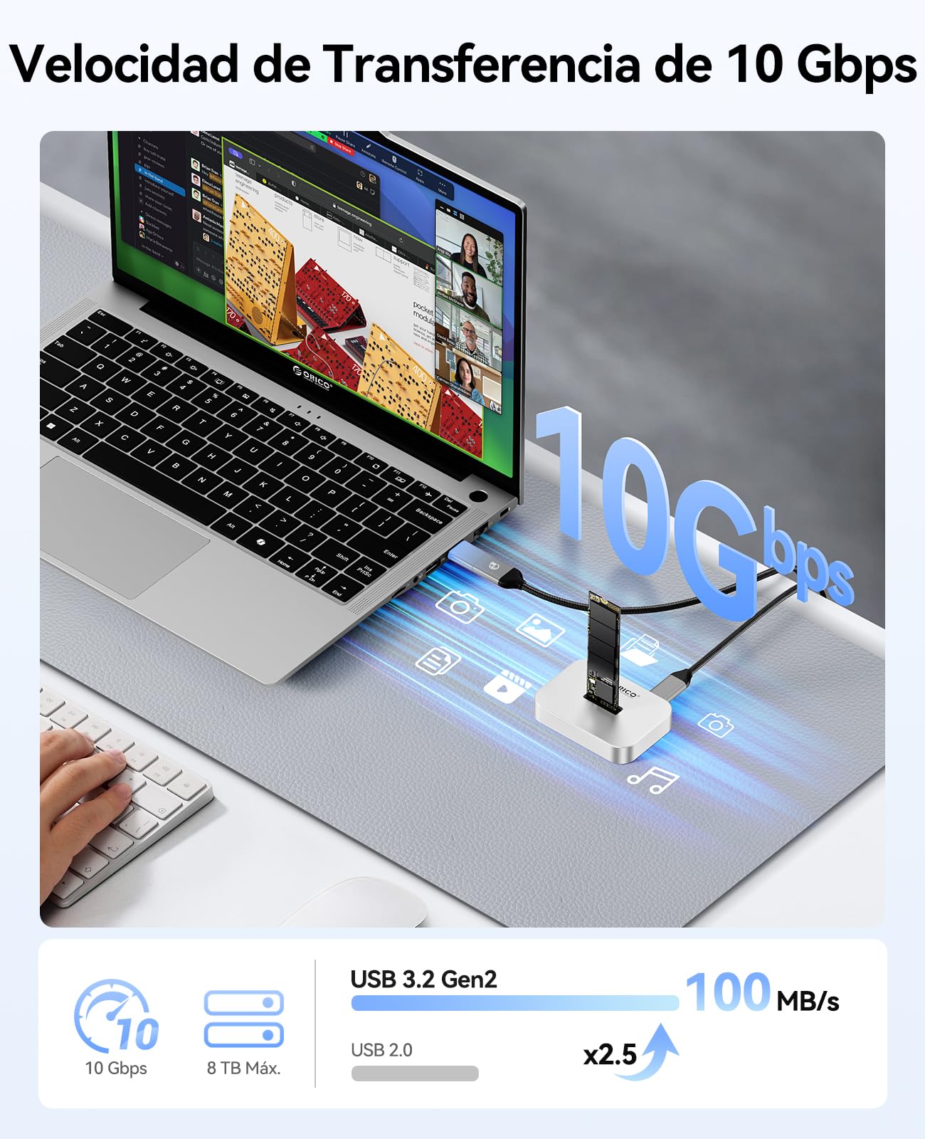 ORICO Carcasa Para SSD M.2 NVMe/SATA, Estación de Acoplamiento USB 3.2 Gen 2 para M.2, Adaptador Para SSD M.2 NVMe, Compatible con M.2 de 2230/2242/2260/2280/22110, Compatible con Windows/Mac OS/Linux