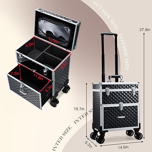 Miniatura 7 de Adazzo Estuche de maquillaje profesional con ruedas para artistas de maquillaje, estuche de tren de cosméticos multifuncional, estuche de