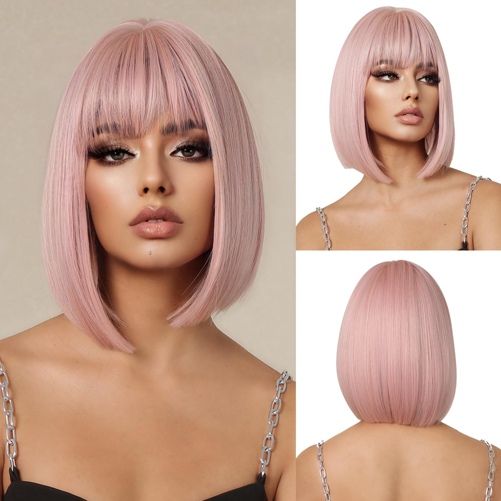 OUFEI Pink Bob Wigs for Women Short Straight Wig with Bangs Synthetic Hair Heat Resistant Wigs for Daily Party Cosplay Wear