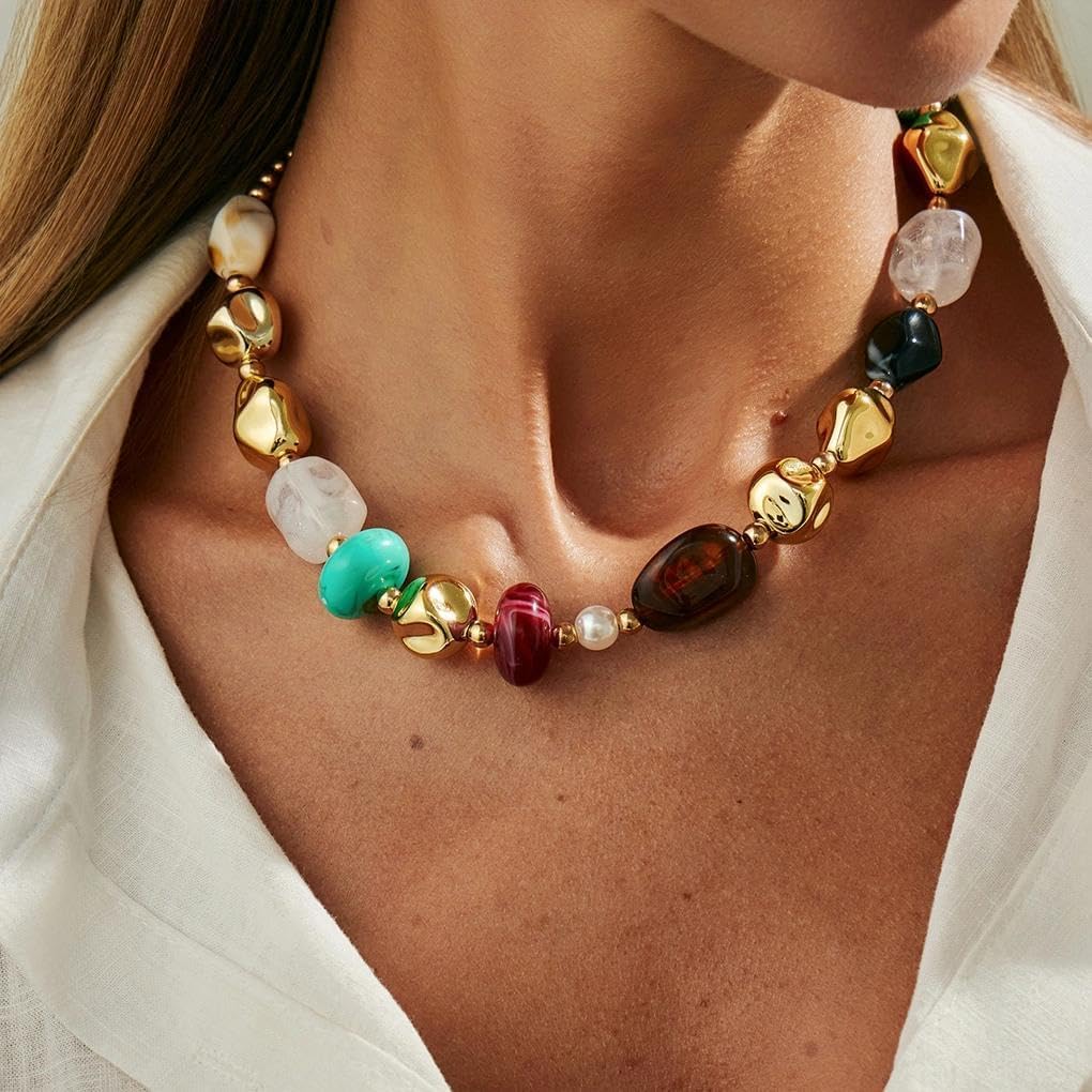 Bohemian Colorful Irregular Resin Metal Bead Necklace,Ethnic Gold Chunky Beaded Collar Necklace Punk Party Jewelry Accessories Gift for Women - Image 4