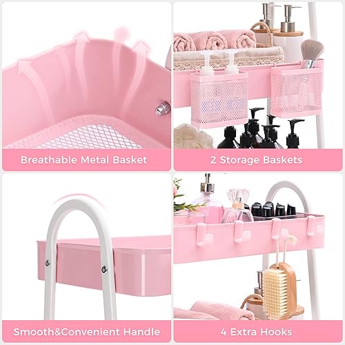 Miniatura 2 de KINGRACK Carrito con ruedas de 3 niveles, carrito de almacenamiento de metal, carrito de arte artesanal con asa y ruedas de bloqueo y 2 cestas