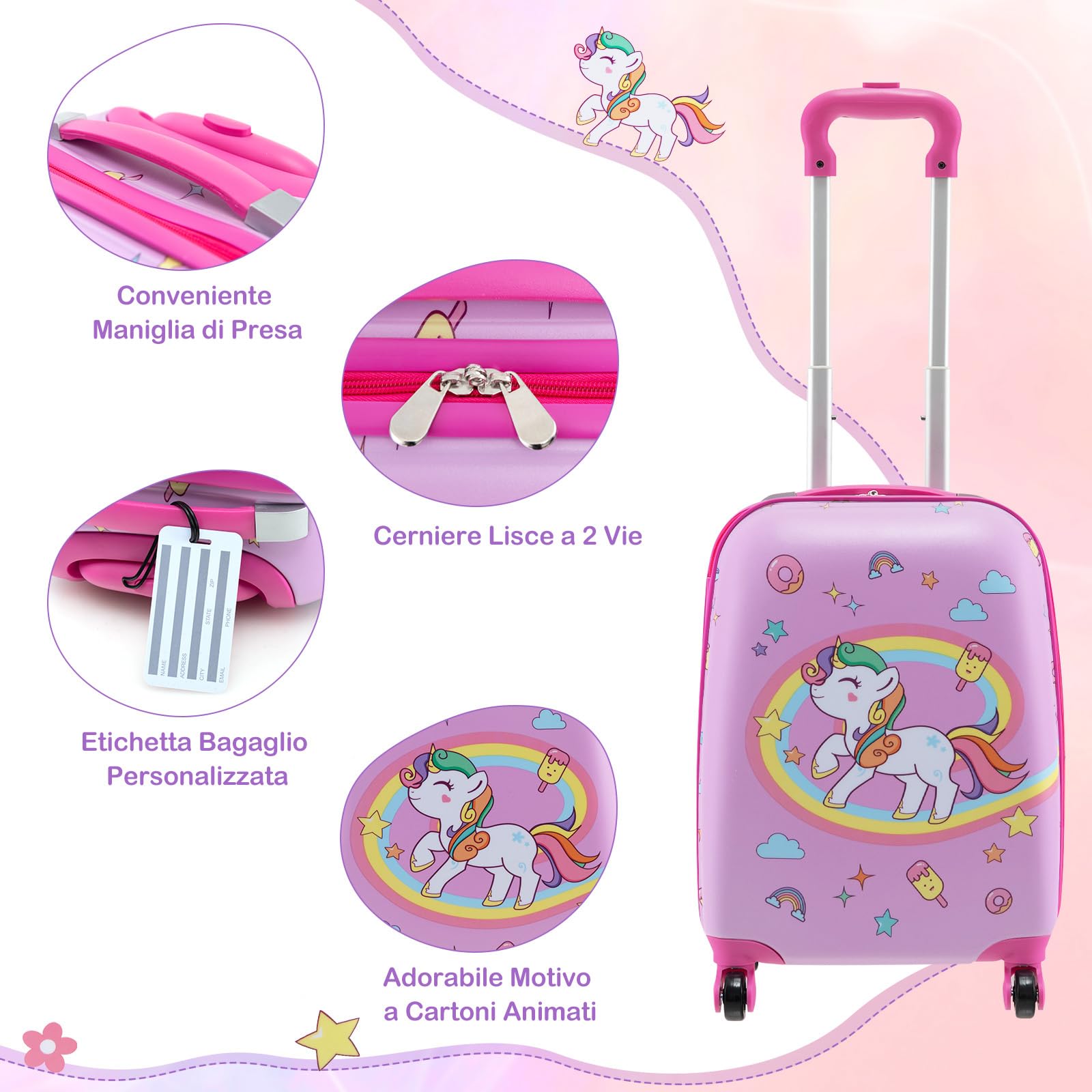 COSTWAY 5 Pezzi Valigia per Bambini, Valigia con ManicoTelescopico da 16" con 13" Zainetto, Cuscino per Il Collo, Etichetta per Bagaglio, Borsa per Il Pranzo, con Ruote Girevoli a 360 ° (Modello 1)