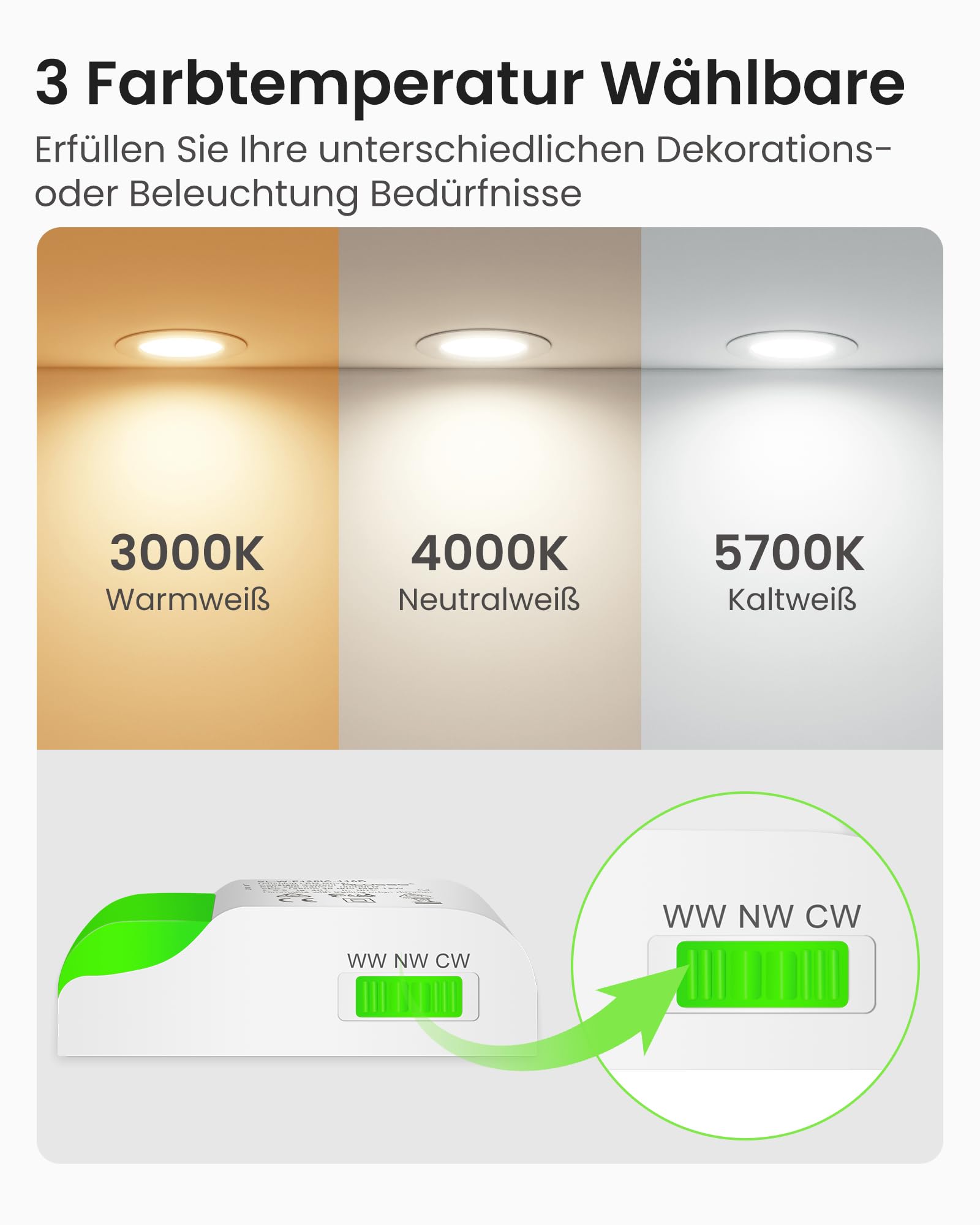 ALUSSO 3CCT LED Einbaustrahler 230V Dimmbar 8W IP65 Loch 70-80MM 6er Set | Warmweiß Neutralweiß Kaltweiß Spots Deckenleuchte Deckenspots Einbauleuchten Einbauspots für Badezimmer Küche, Weiss