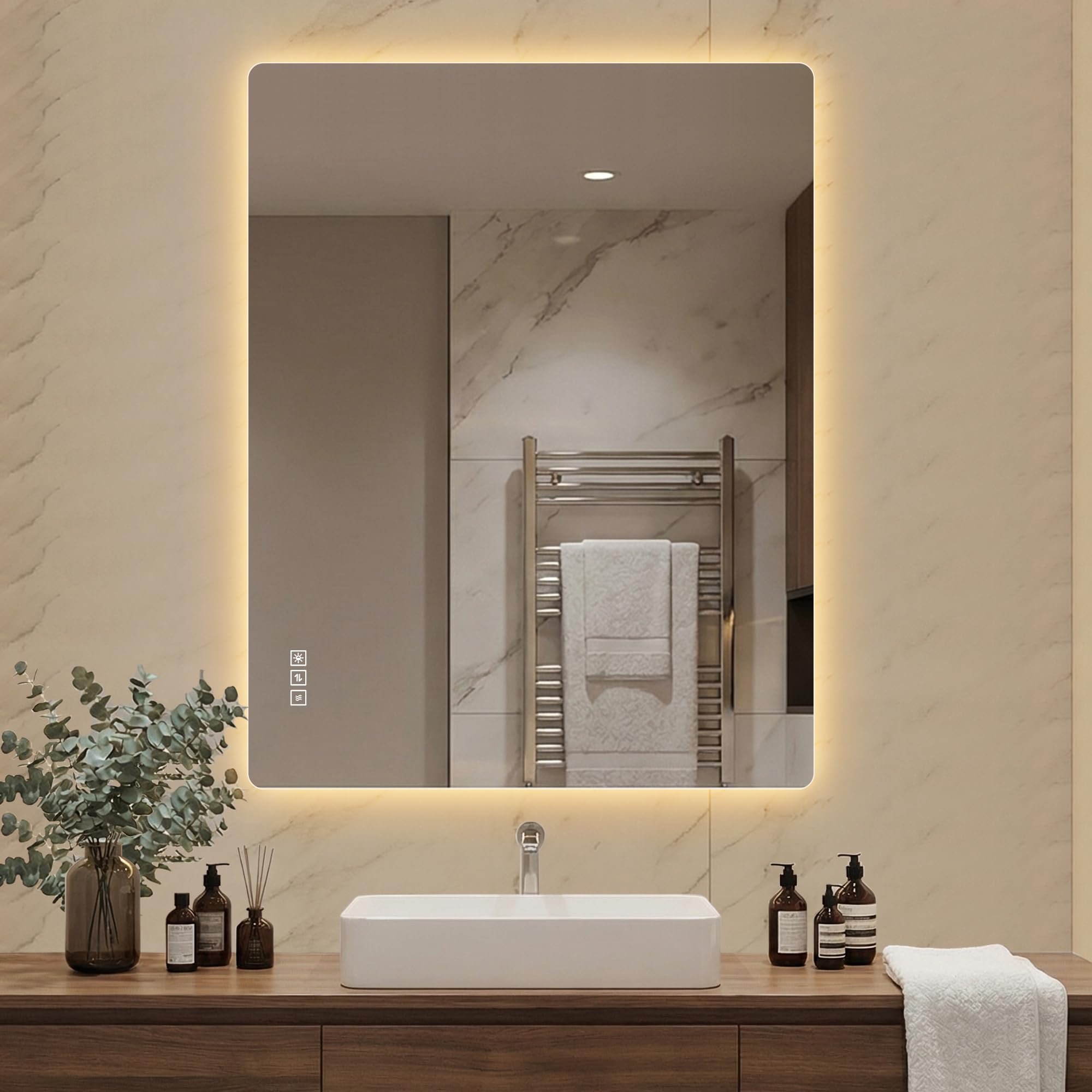 Gecheer LED Spiegel Badezimmer 70x90cm dimmbar mit Touch Control Anti Fog HD kupferfreiem Glas für Make up Rasur Pflege Badezimmer Schlafzimmer Ankleidezimmer