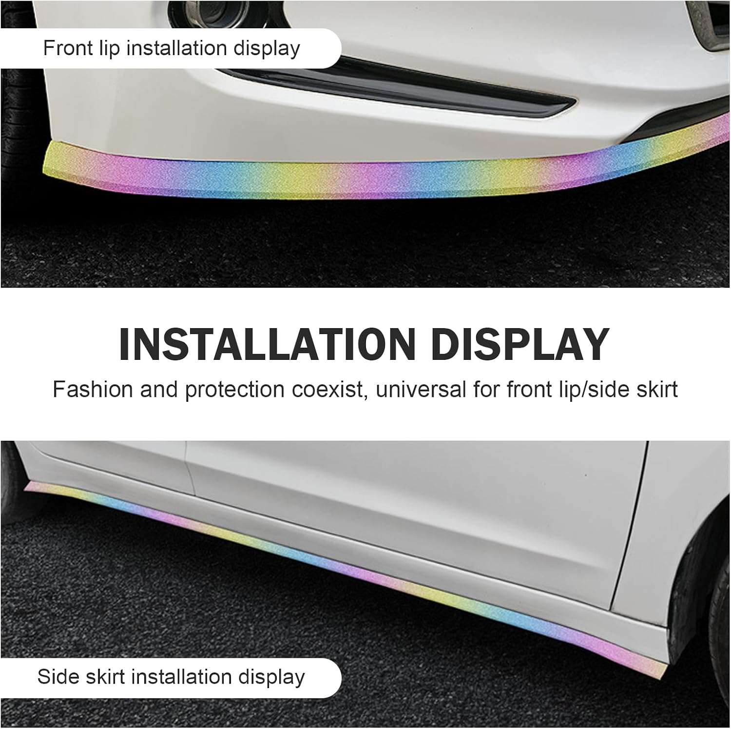 2.5m Soft Rubber Car Front Bumper Spoiler Lip & Side Skirt Protector - Non-Fade Scratch-Resistant Guard Strip Air Dam, Shiny Colorful Fashion Decal, Universal for Most Vehicles (Multicolored)