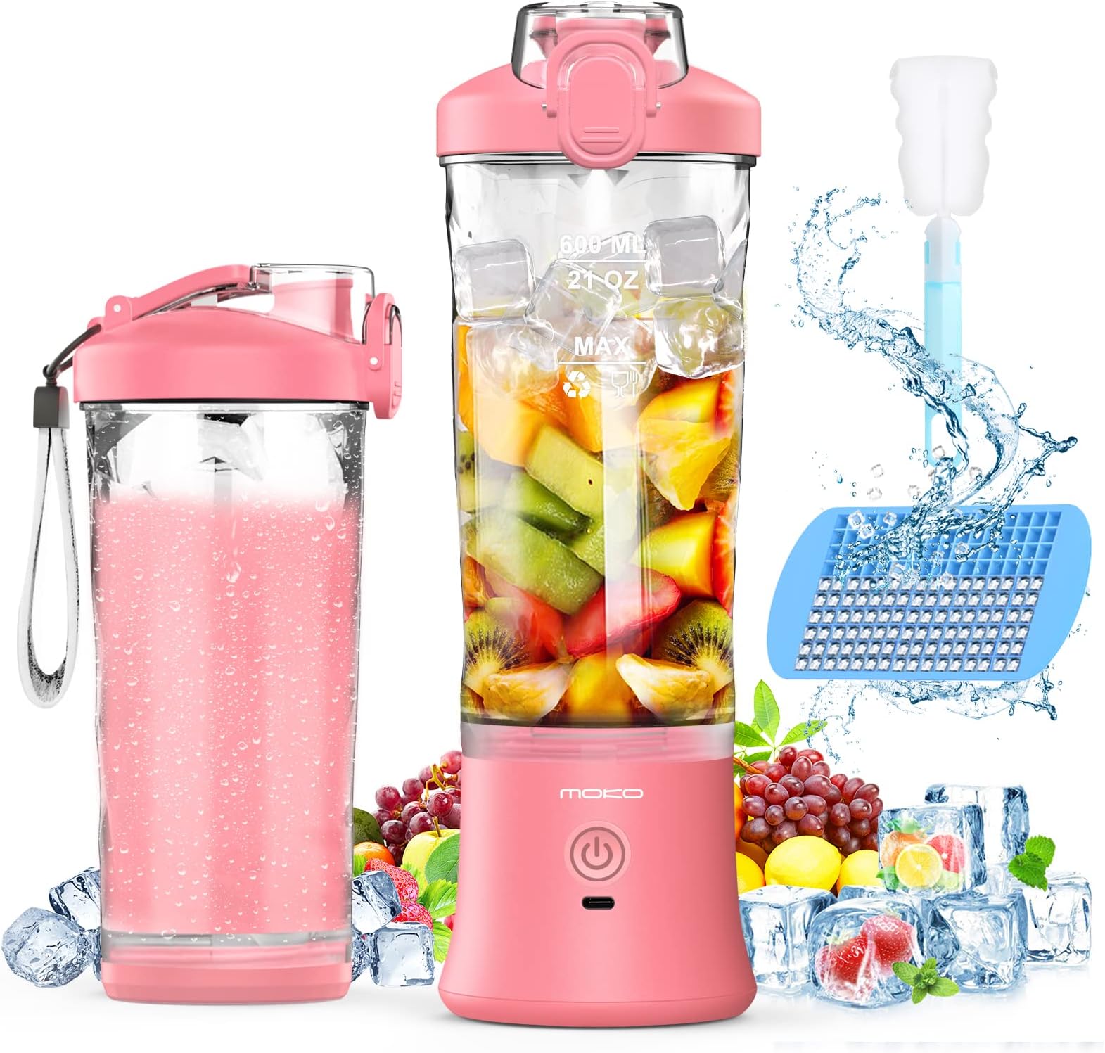 MoKo Portable Blender, 270 Watt Personal Blender for Shakes and Smoothies,21OZ Personal Blender USB Rechargeable with 6 Blades, BRA Free, Smoothie Blender for Kitchen Sports Travel and Outdoors, Pink