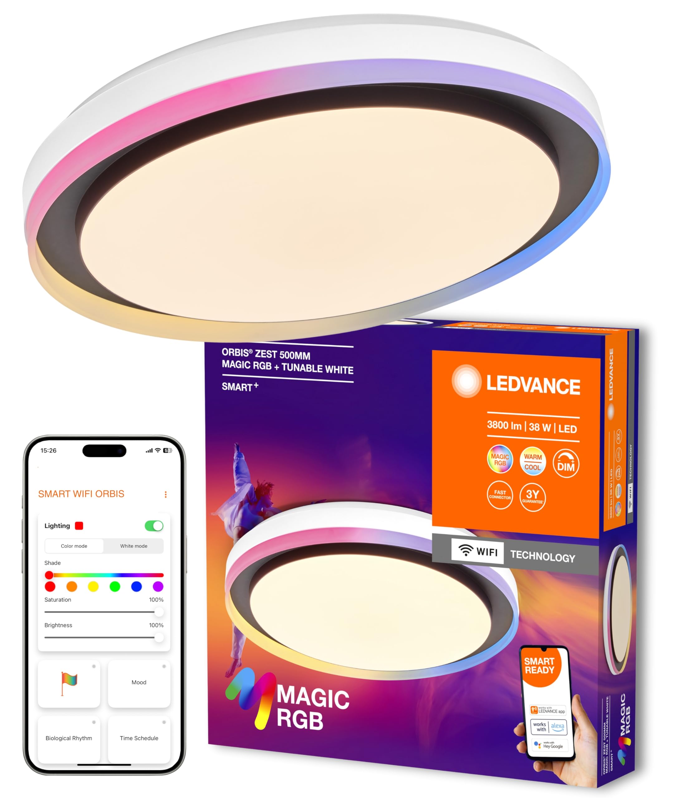 LEDVANCE Smart e Lampada a soffitto a LED WiFi, bianco o nero, 32W, 3400lm, funzionalità di luce bianca, dimmeble, effetto di luce Magic-RGB dinamico, lunga durata, montaggio semplice, 2700-6500K