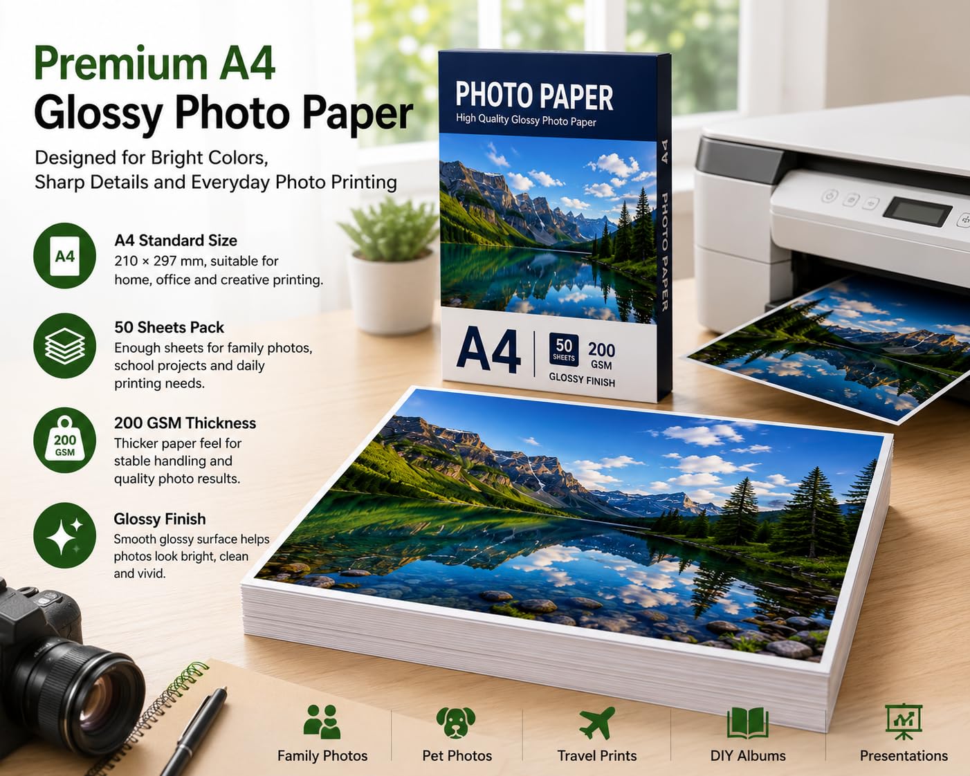 Carta Fotografica A4 Lucida 200g/m² 50 Fogli Bianco Brillante