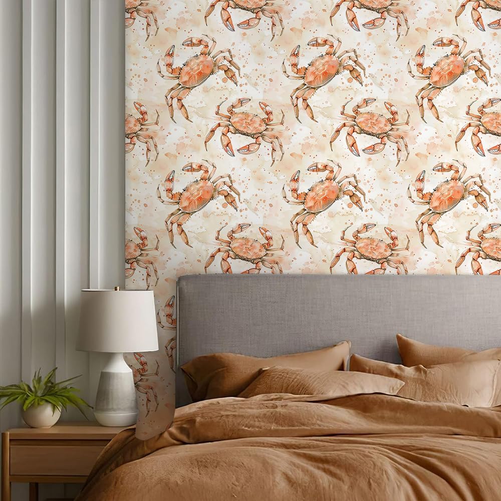 REDAMANCY Orange Watercolor Boho Ocean Crab Peel and Stick Wallpaper Vintage Wall Paper Stick on Contact Paper Easy Peel Off for nightstand Drawer Renter Friendly 17.7"x236"