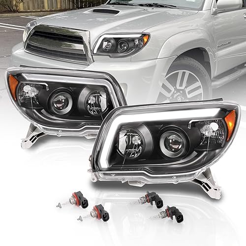 AmeriLite for 2006-2009 Toyota 4Runner LED Tube Bar Projector Black Replacement Headlights Pair - Passenger and Driver Side