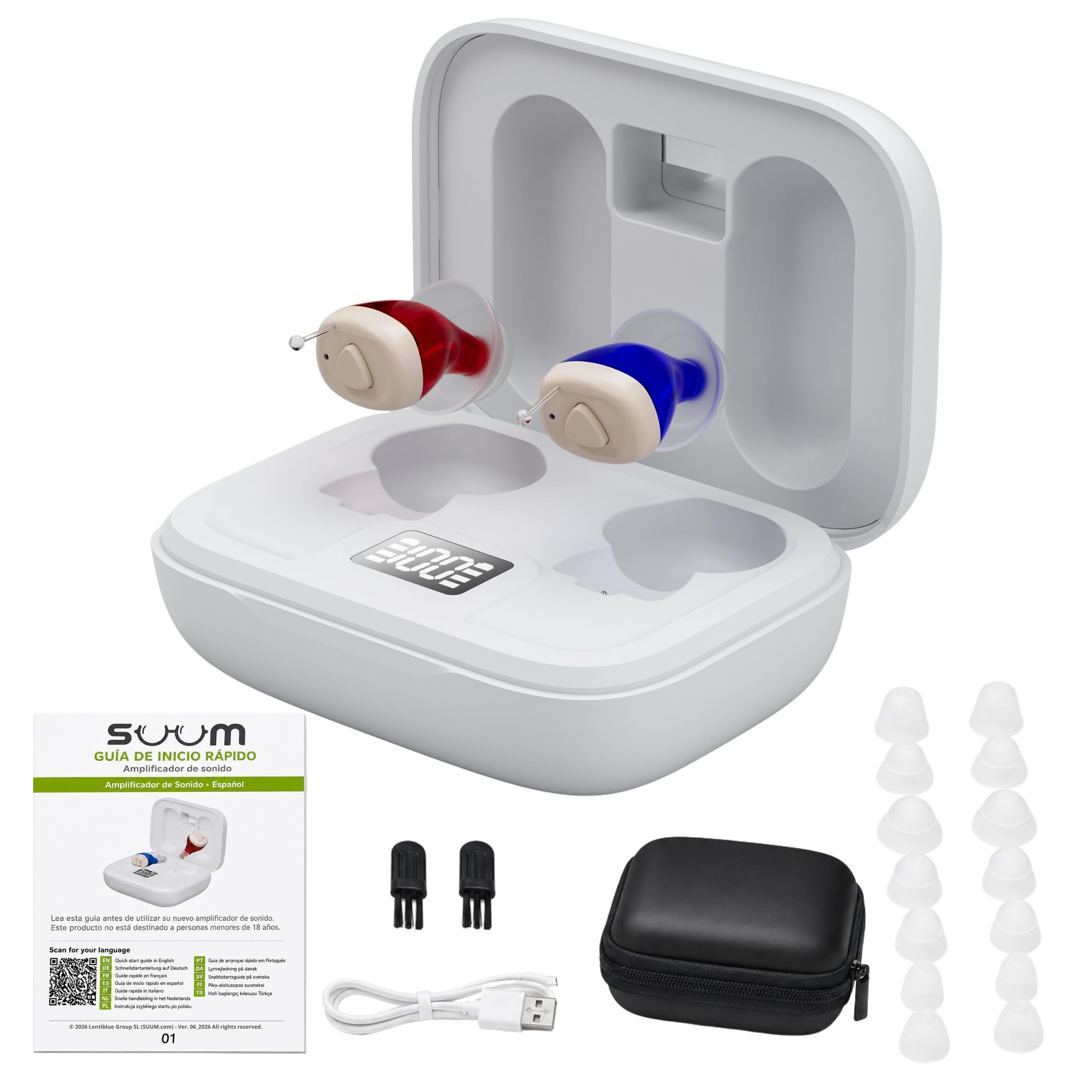 SUUM Amplificador de Sonido Intraauricular Recargable ITE con Estuche de Carga y Funda de Transporte Negra - Amplificador Auditivo BTE Ultraligero, Autoajustable, Prácticamente Invisible para Adultos