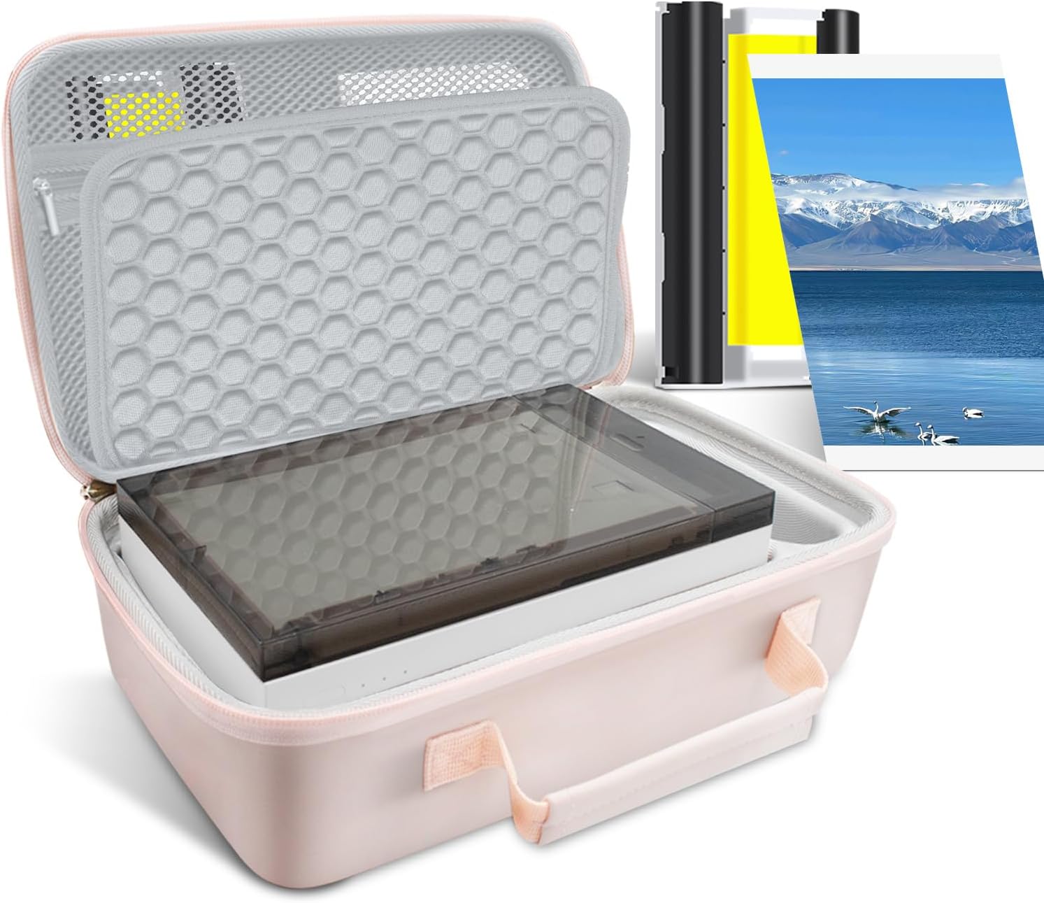 Hard Case and Paper and Cartridges Compatible with Amber M100 M200 4x6 Photo Printer;40 Sheets Photo Paper +1 Ink Cartridge Refill for DHP512/DHP513 Photo Printer(Pink Case)