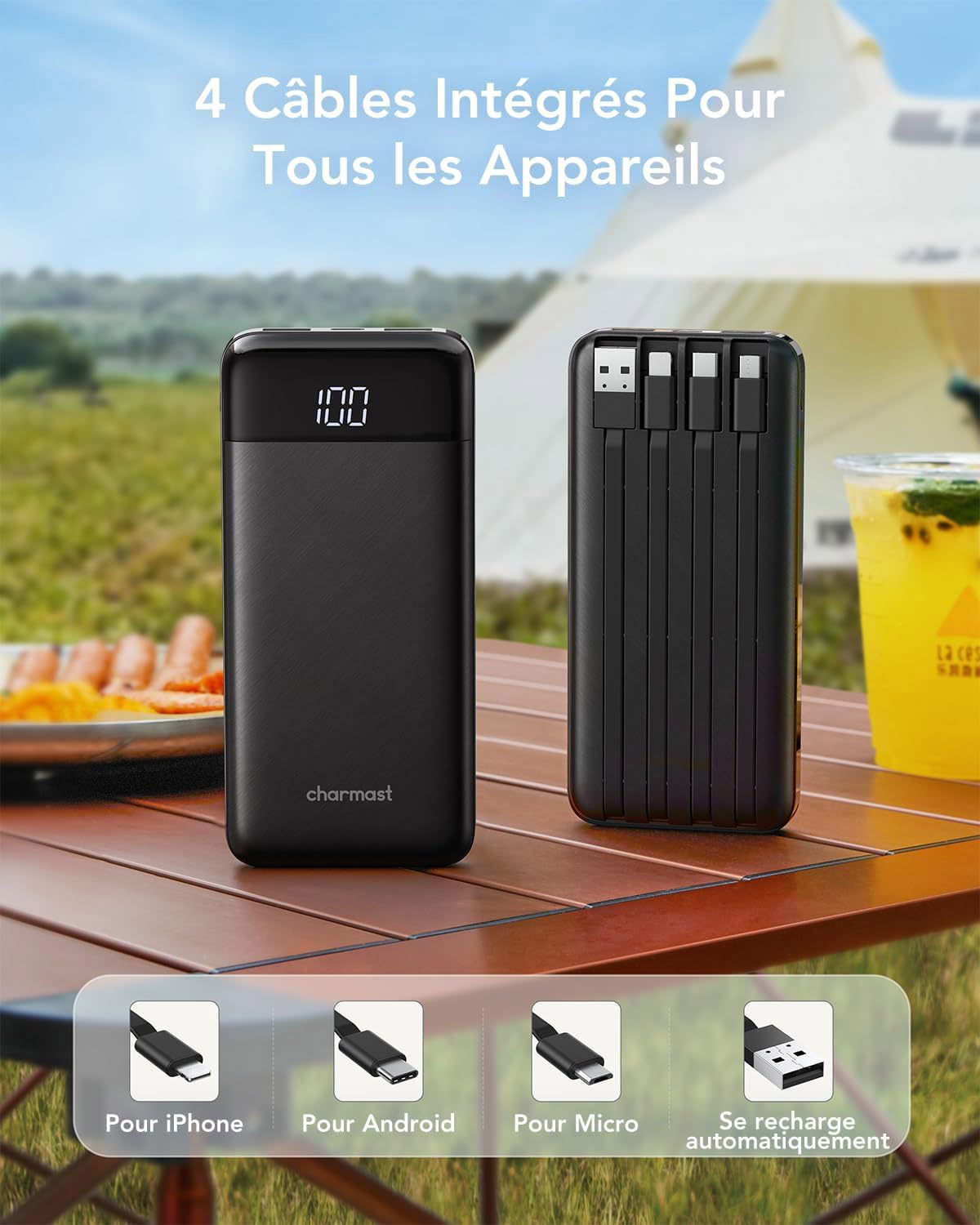 Charmast Batterie Externe, 10000mAh Power Bank avec 4 Câbles Intégrés, USB C Mince Batterie Portable Compatible avec iPhone 17/16/15, AirPods, iPad, Samsung etc