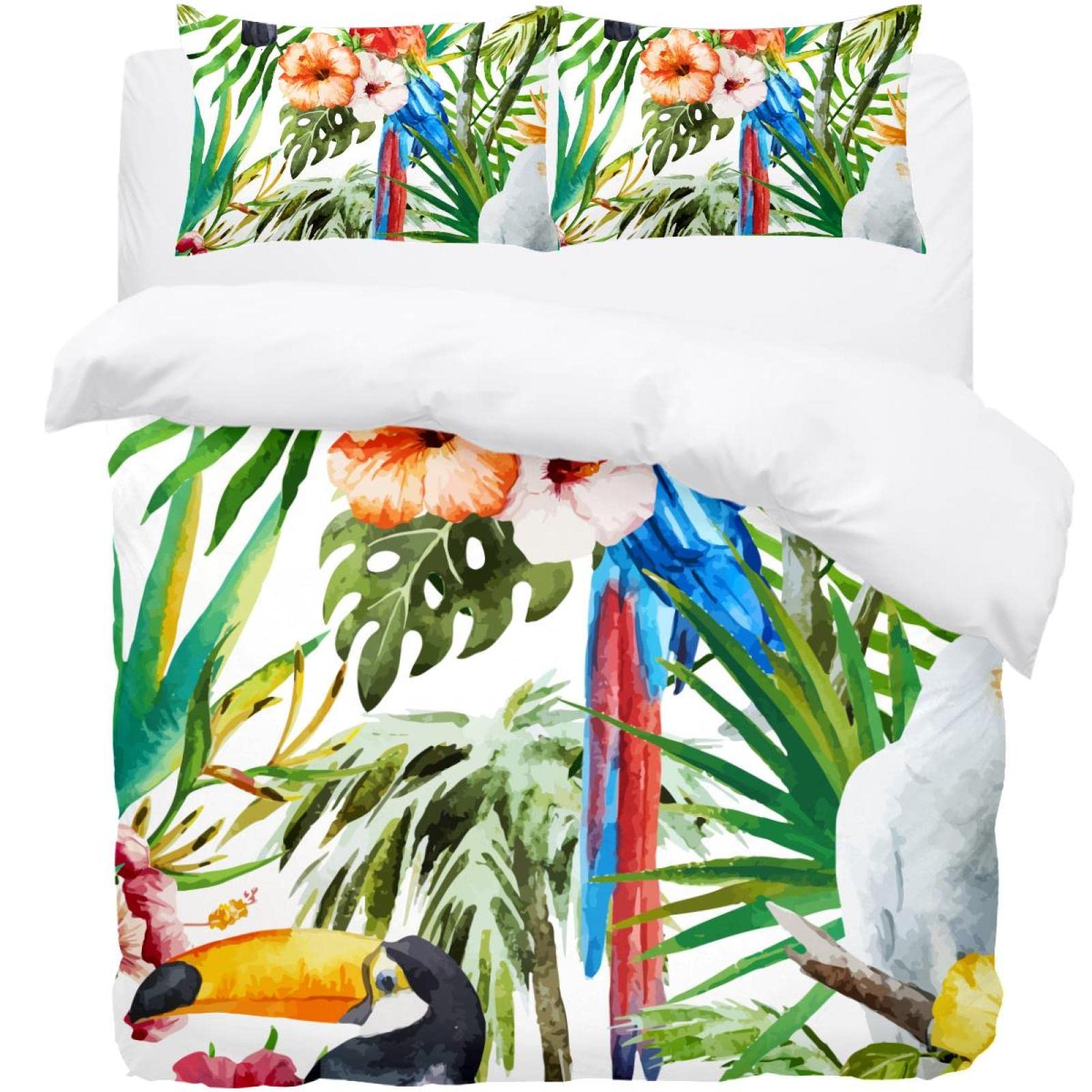 Parure de lit housse de couette toucan floral et 2 taies d'oreiller oiseaux tropical