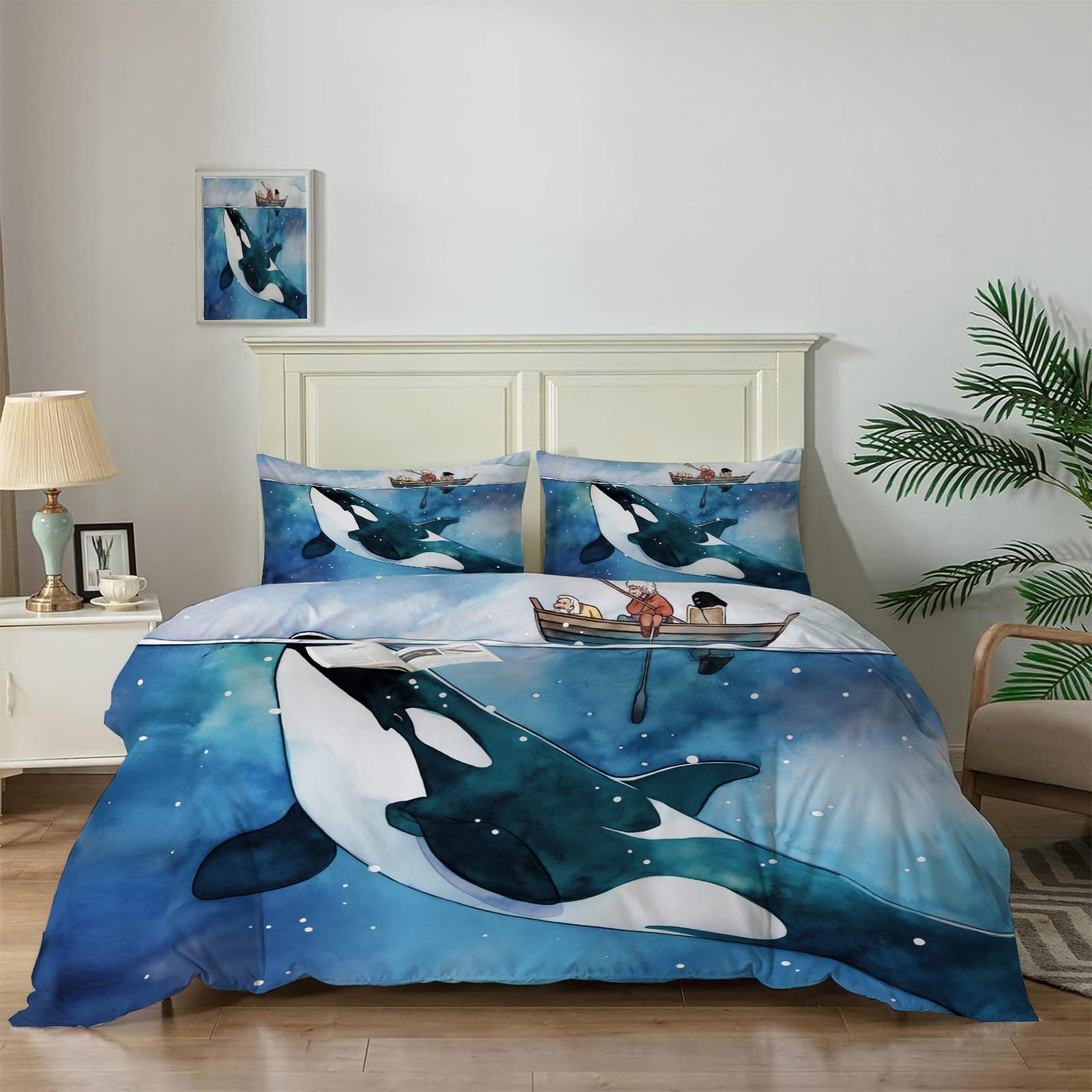 Housse de couette et 2 taies baleine bleue pour apaiser le sommeil des enfants agités
