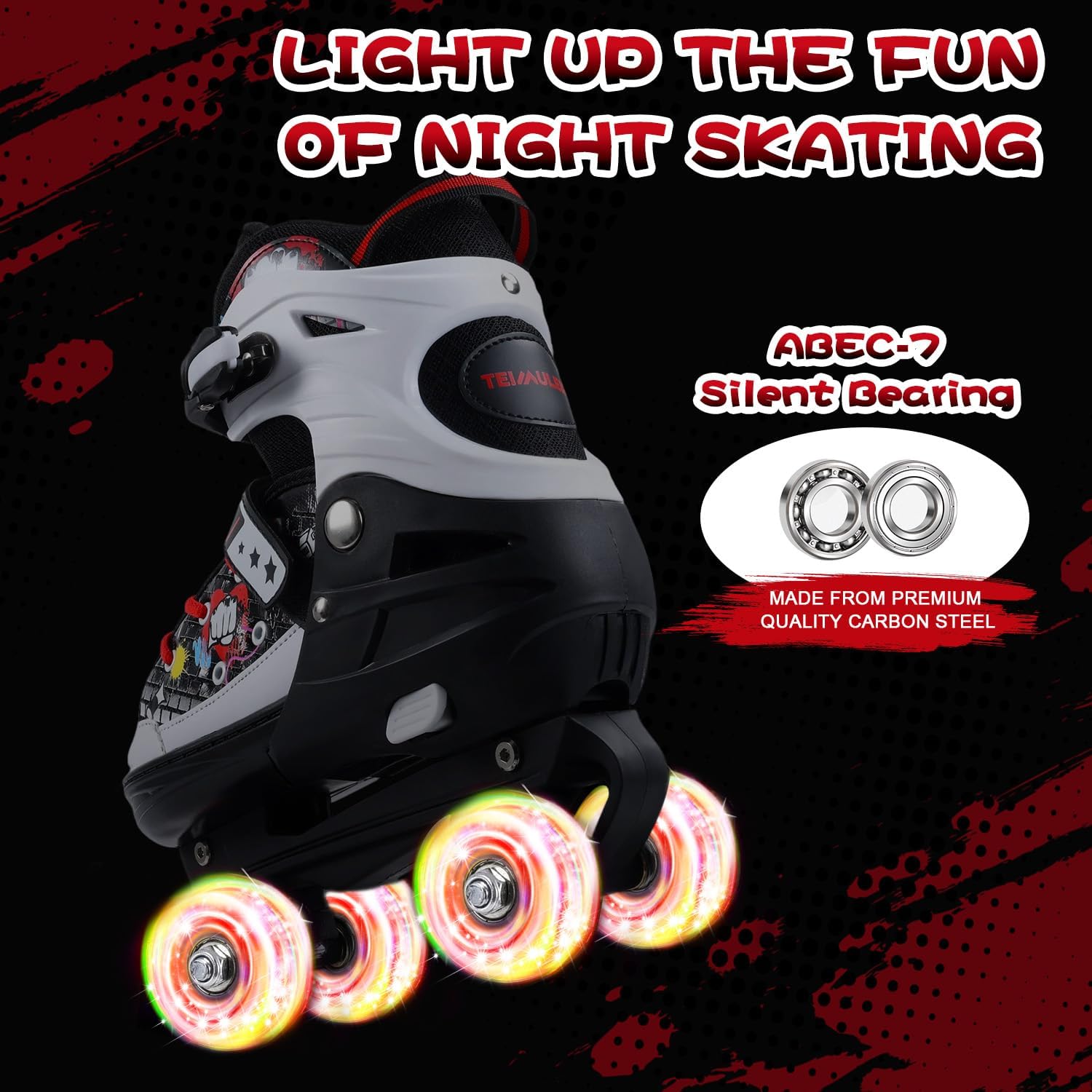 Kids Roller Skates, 4 Size Adjustable Quad Skates with All Light Up Wheels, 10C to 8 Rollerskates for Toddlers, Beginners, Boys, Girls, Outdoor, Indoor - Image 4
