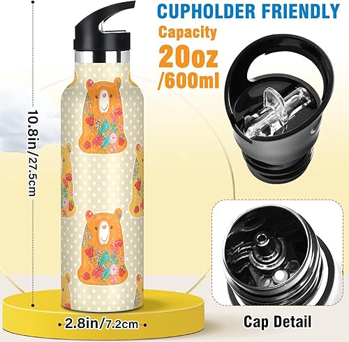Miniatura 2 de Water Bottle for Kids with Straw, Kids Stainless Steel Water Bottle for Travel or School 20 Oz, BPA-Free, Bears Floral