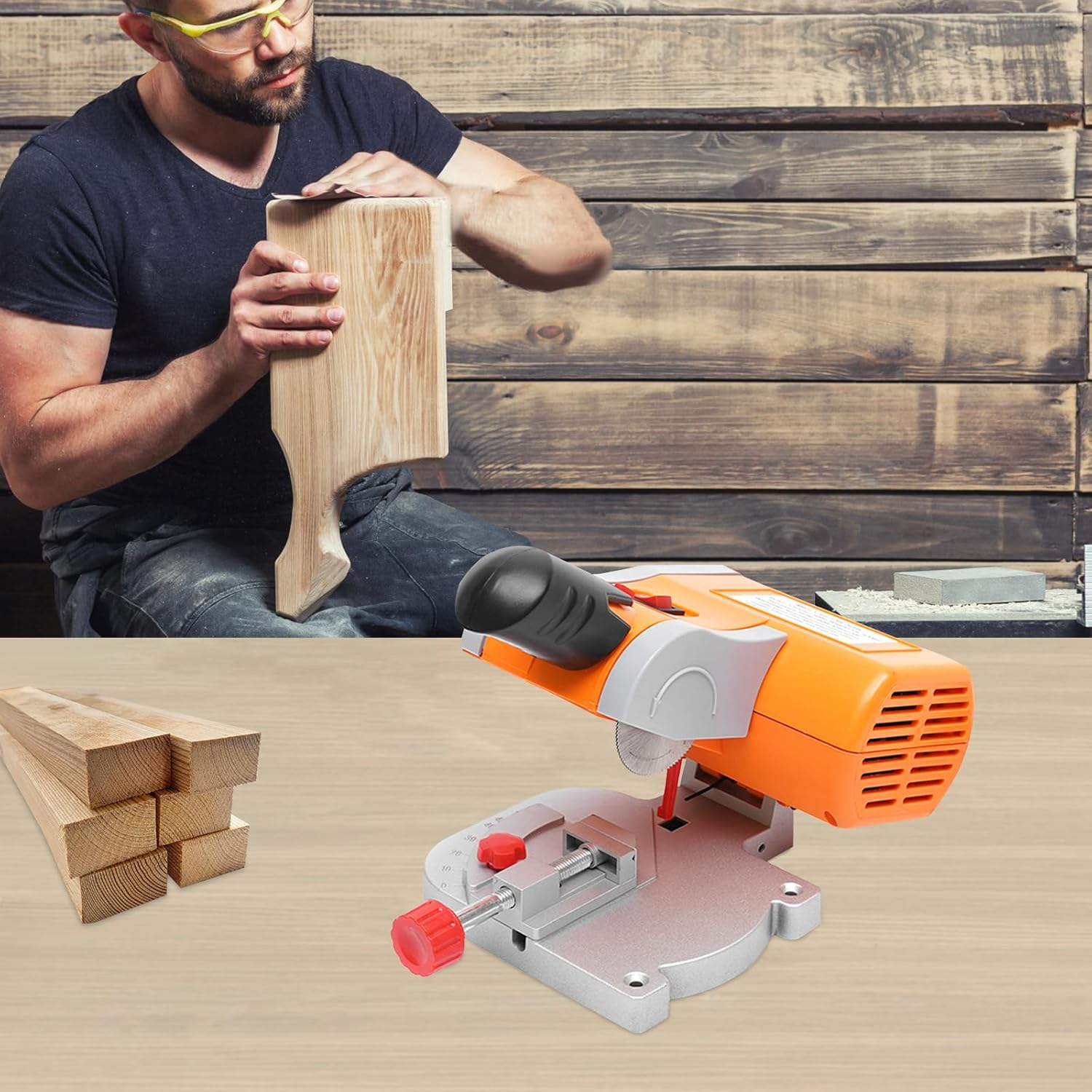 110V 90W Mini Miter Saw 7800r/min Mini Bench Top Cut-off Miter Saw with Hex Key Electric Table Tool for Metal Wood Plastic Crafts Metals
