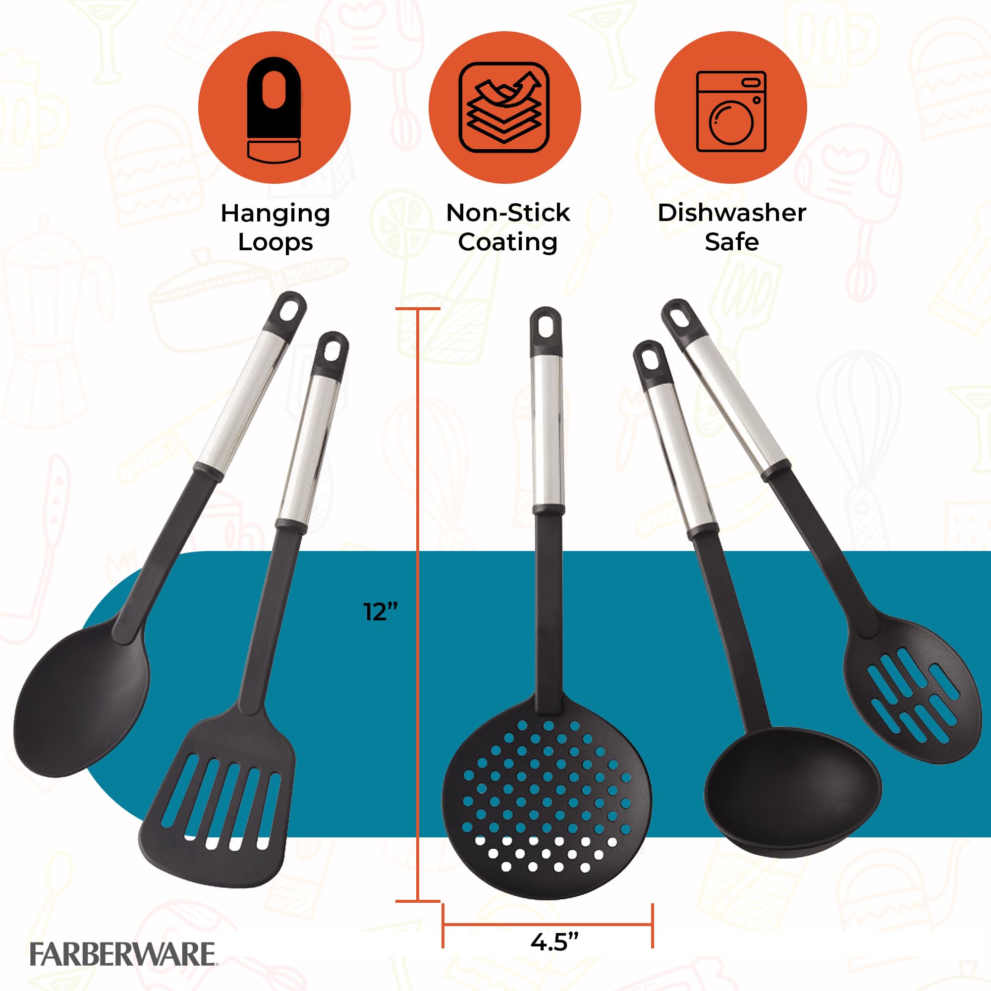 Farberware Set di utensili da cucina classico, 5 pezzi in acciaio inox con manici in nylon per pentole antiaderenti, gadget da cucina con passanti per appenderli, lavabili in lavastoviglie utili