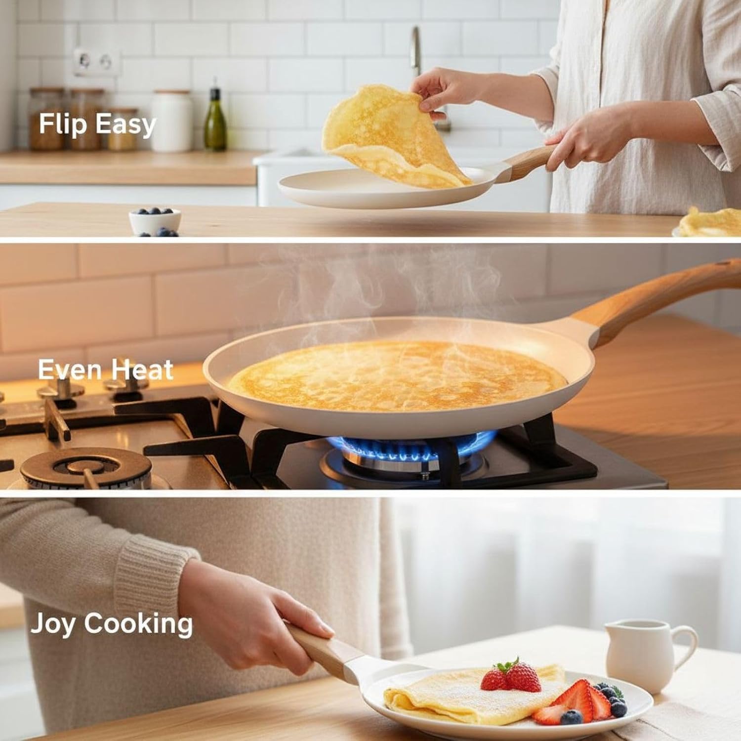 Pancake Pan 7.9-Inch with Wood Handle, 6-Inch Nonstick Flat Cooking Plate for Crepes Omelets, Lightweight Single-Serve Cooking