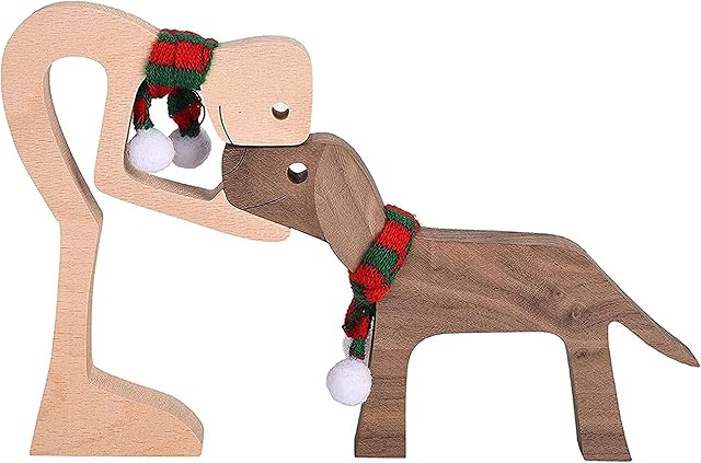 Family Puppy Wooden Carving Ornaments, Natural Solid Wood Pet Dog Family Crafts Sculpture, Hand-carved Figure Creative Gifts for Home, Office, Living Room (Man and Dog Scarf)