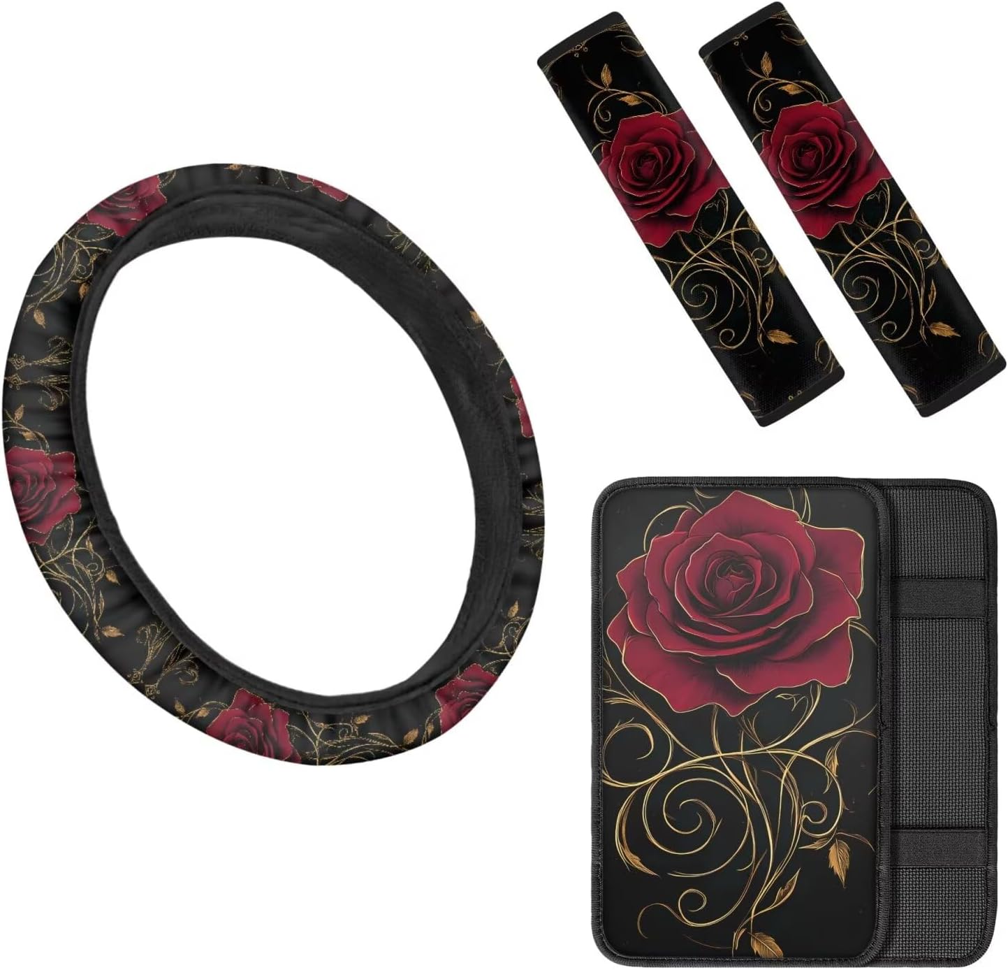 Decorative Car Steering Wheel Cover with Car Armrest Cover for Women,4 Pack,Boho Dahlias Mandala Flowers Soft Seatbelt Cushion Pad Universal Fit for SUVs Trucks Vans