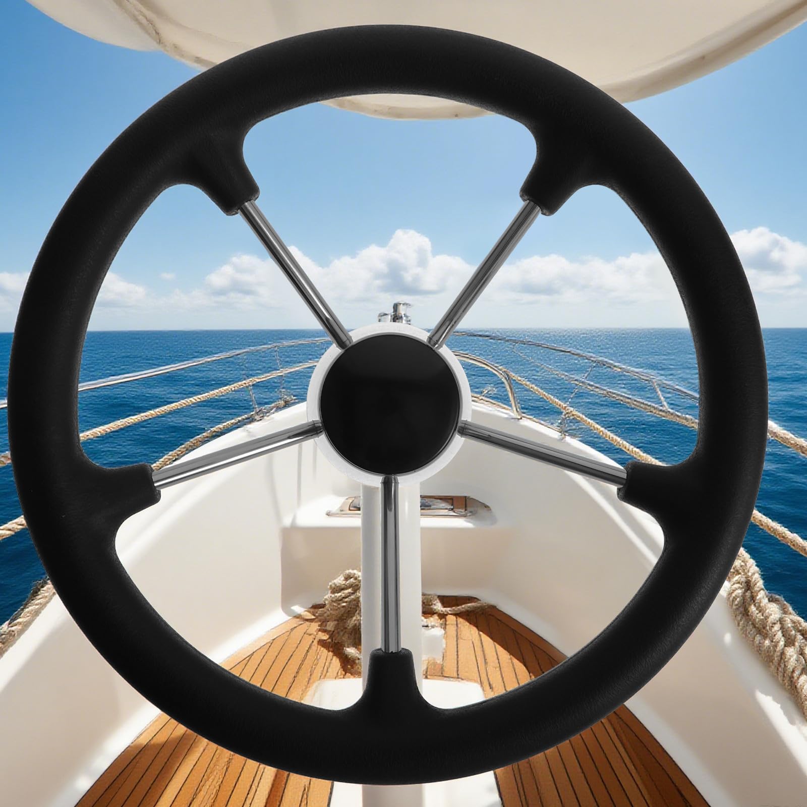 Steuerrad 13, 5 Zoll für Schiff Schwarzes Yacht und Edelstahl