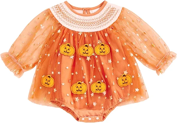 Baby Girls Tulle Tutu Dress Party Holiday Princess Dresses Infant Toddler Embroidery Flower Fairy Romper Dress (US, Age, 9 Months, 12 Months, Orange)