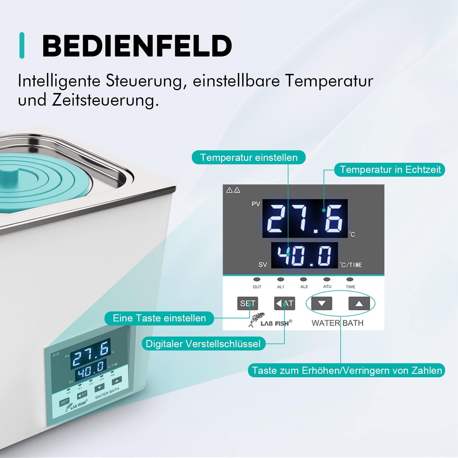 LAB FISH Laborwasserbad 3L, 300W - Einzelbohrung, Edelstahl - Präzisions-Thermostat ±0,1°C - Timer 0-999 Min - LED Display