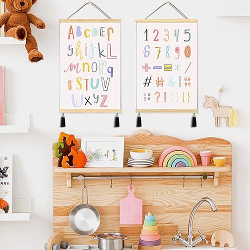 Póster del alfabeto para niños pequeños, ganchos magnéticos para pósteres, lienzos enmarcados de madera, arte de pared, juego de 2 pósteres de 16 x