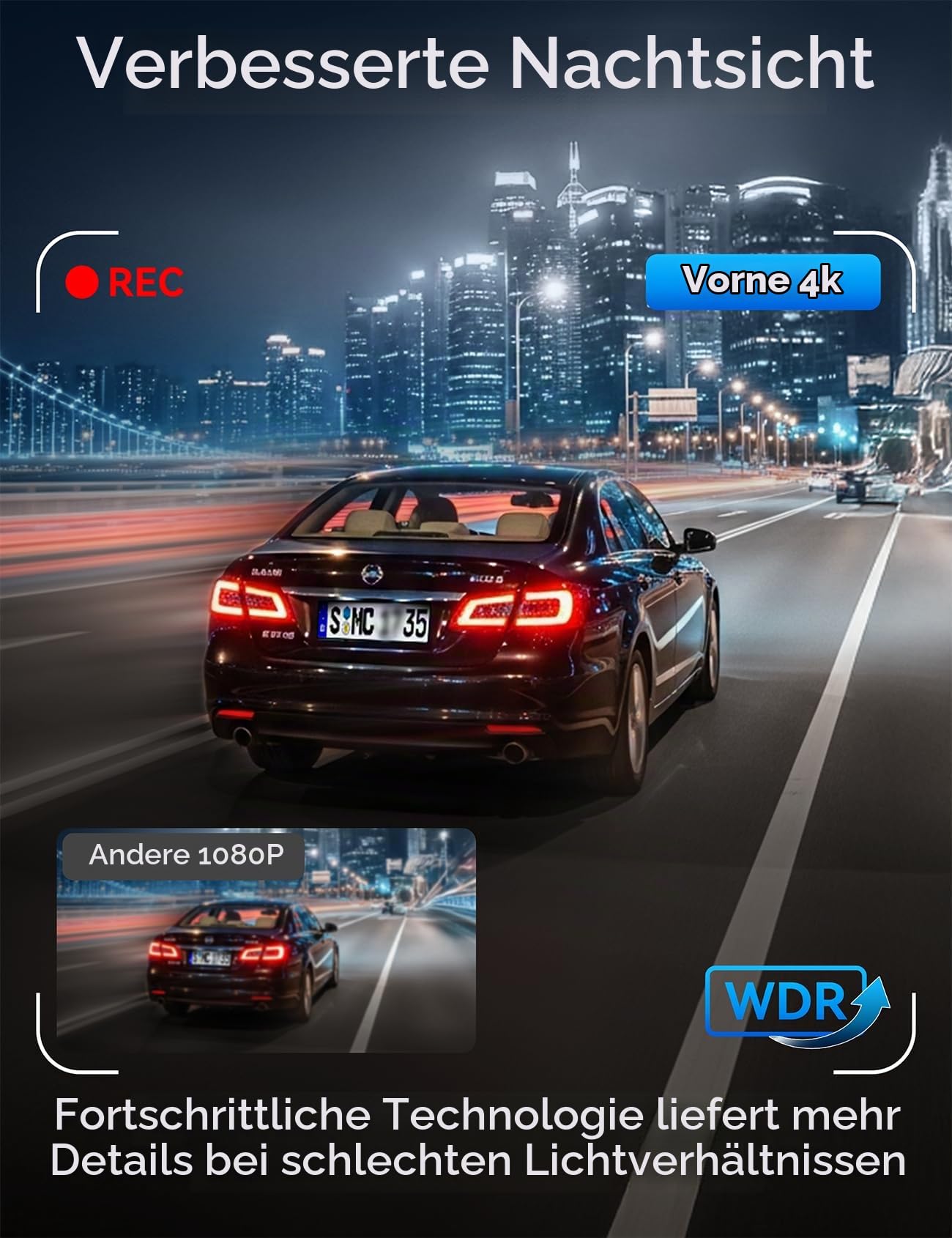 4K Dashcam Auto Vorne Hinten mit Hardwire Kit, WiFi Dash Cam mit Parküberwachung, 64GB SD Karte, 3-Kanal Auto Kamera mit Nachtsicht, 170° Weitwinkel, WDR, G-Sensor, Loop-Aufnahme, APP Steuerung