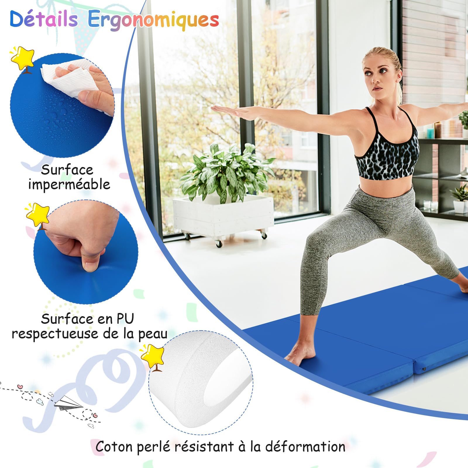 COSTWAY Tapis de Gymnastique Pliable Epais, Matelas d'Entrainement en Mousse et PU avec Poignées, pour Gymnastes Entraînements Sportifs Yoga, 180x60x5CM