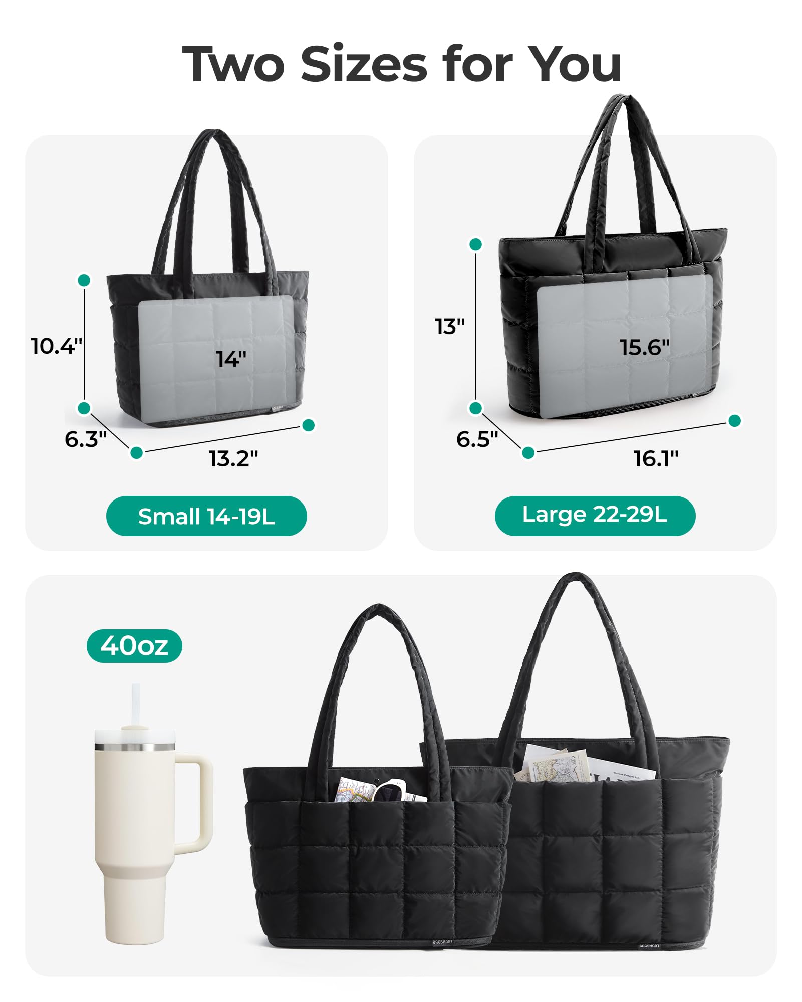 bagsmart Torebka damska Puffy Tote Bag rozszerzalna torba buforowa, torba na ramię, torba robocza z zamkiem błyskawicznym, lekka torebka do pracy, na podróż, zakupy, do szkoły, samolotu