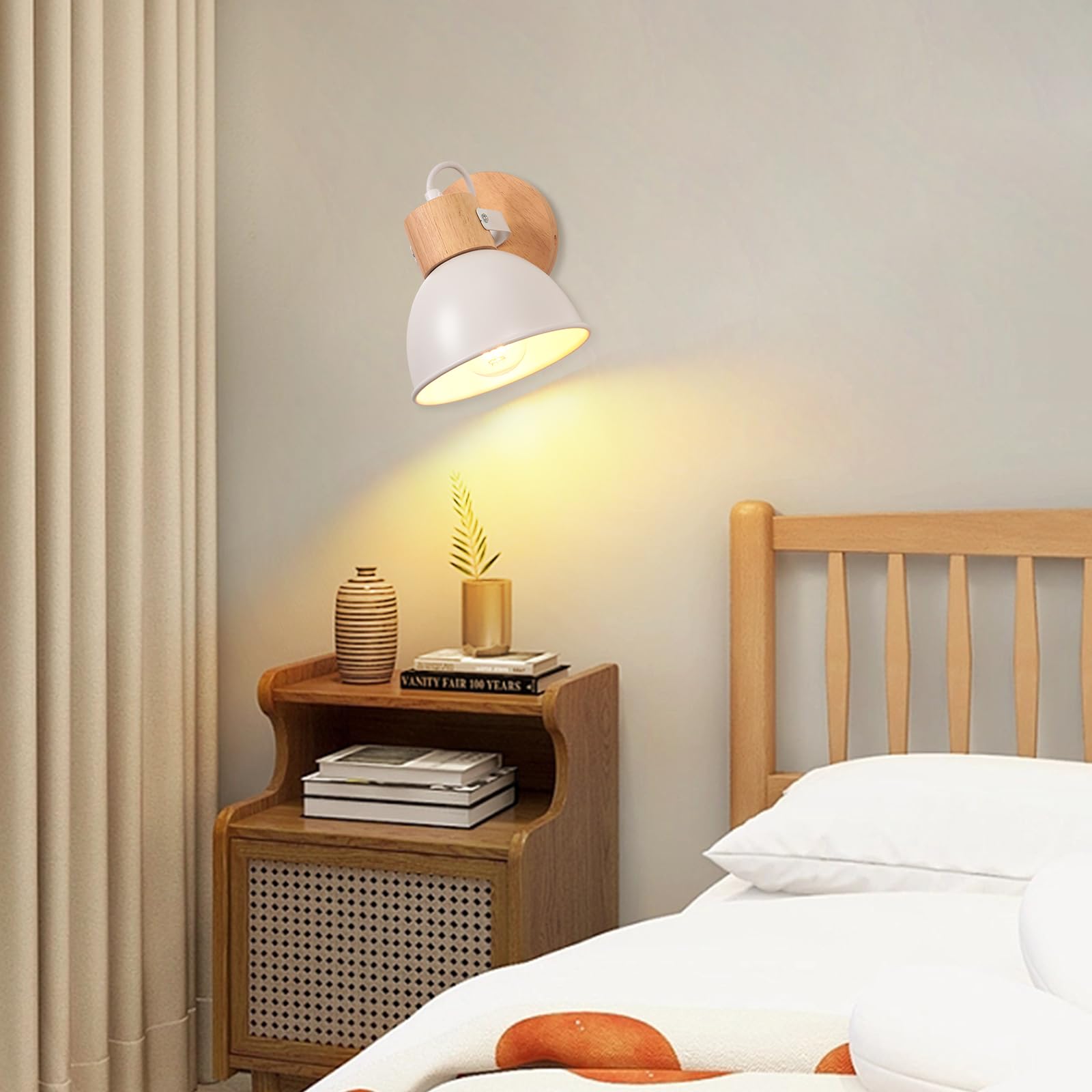 iDEGU Applique Murale Interieure Spot LED 15cm Rétro Lampe Murale Insustrielle en Bois Fer Design Vintage Luminaire Réglable Lustre Plafonnier E27 Éclairage Mural pour Chambre Cuisine Salon(Blanc Mat)
