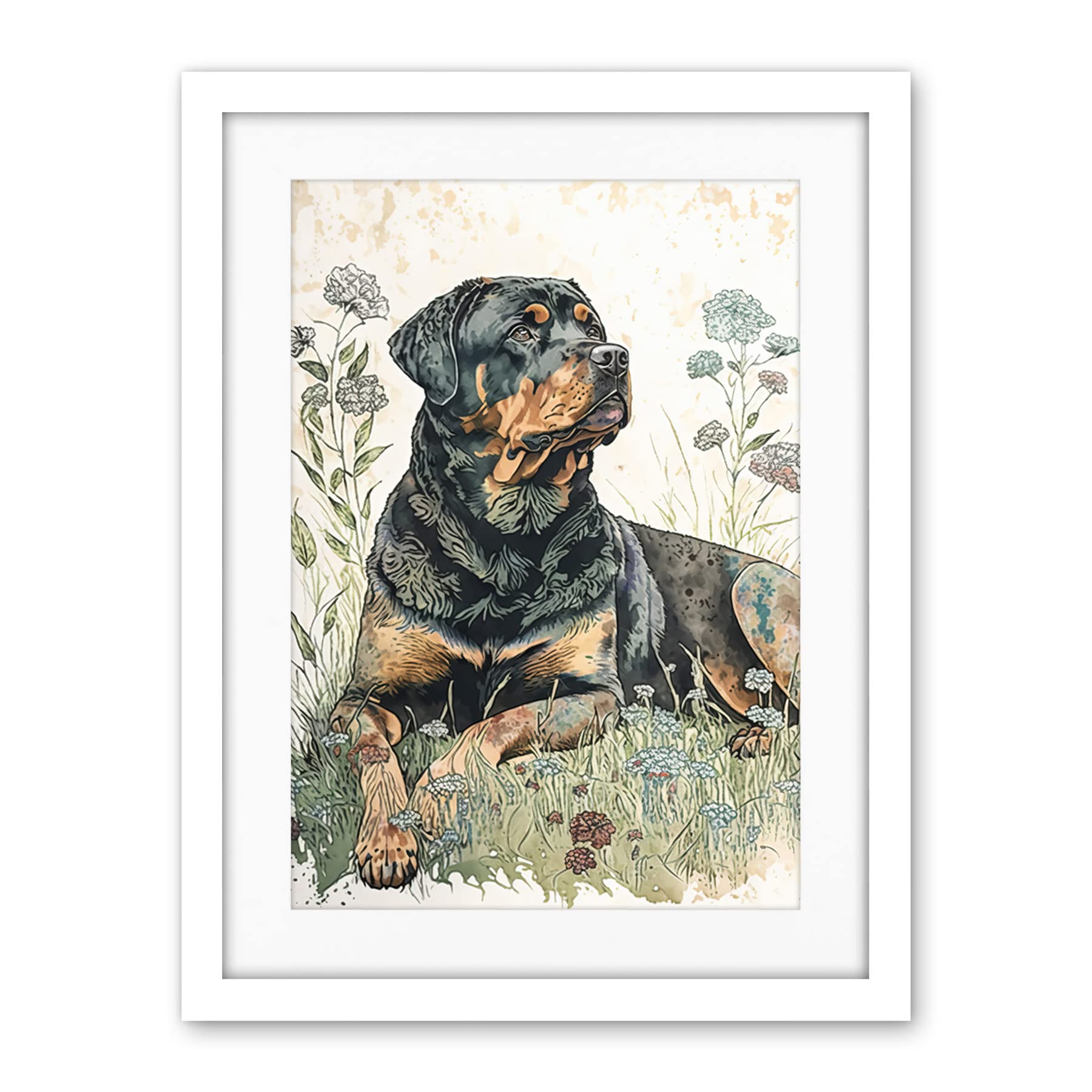 Artery8 Rottweiler Dog Lying in Wildflowers Bright Watercolour Illustration Artwork Framed Wall Art Print 18X24 Inch