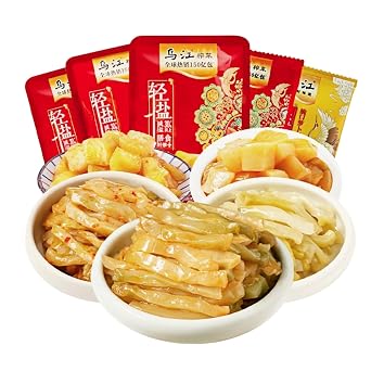 Pickled Mustard TuberZhacai- 510g/17.99 3.1 oz/5 packs + 2.47 oz Pickled Vegetable Platter | 6 Flavors | Soy Sauce, Light, Mildly Spicy, Fresh Seaweed Strips, Sour and Spicy, Numbing and Spicy | Flavorful Snack | Best served with soup or porridge 6